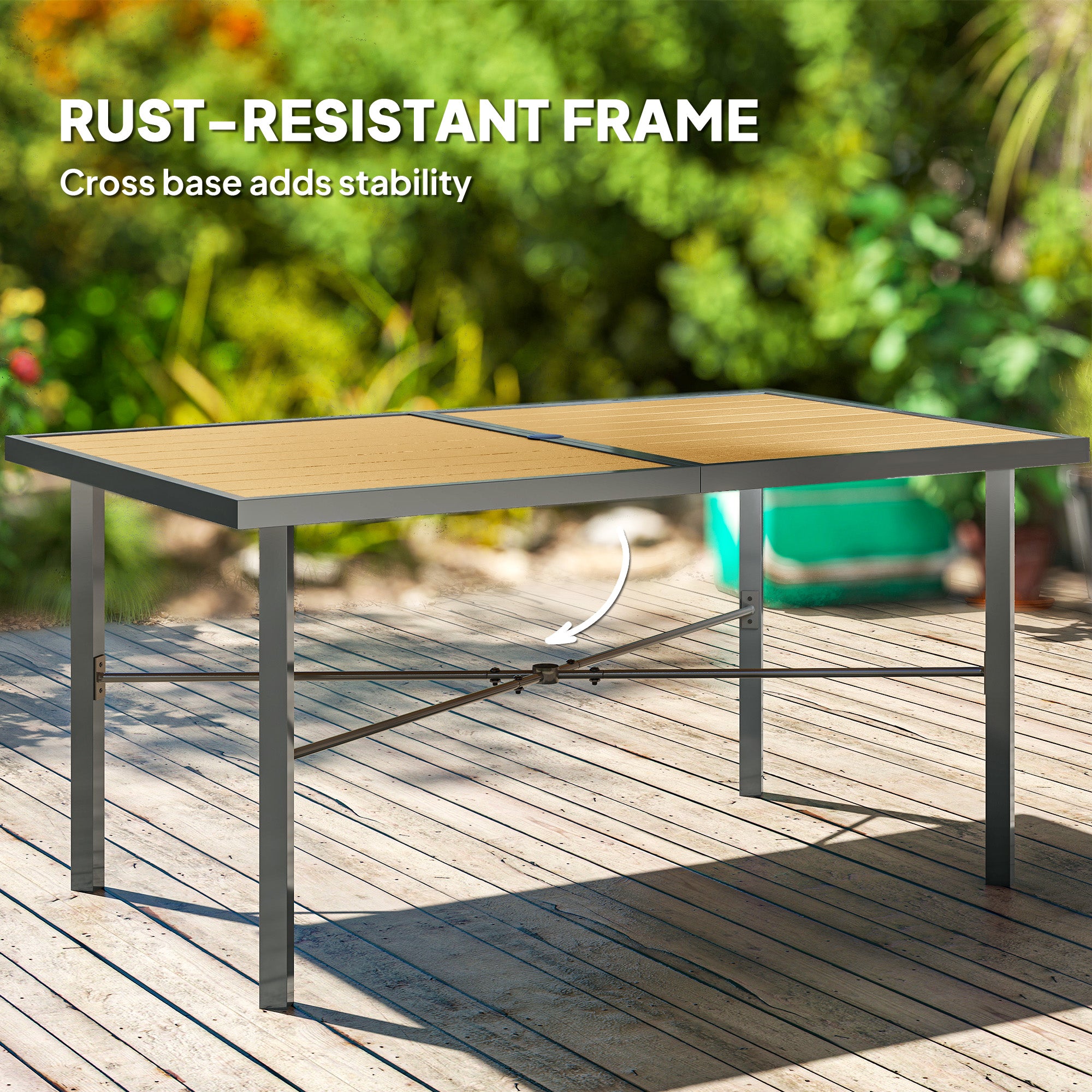 Outsunny Garden Table for 6, Outdoor Dining Table with 5cm Umbrella Hole, Wood Effect Top, Rust Resistant Frame, for Patio, Balcony, Terrace, 150 x 90 cm - North Peak Garden Furniture