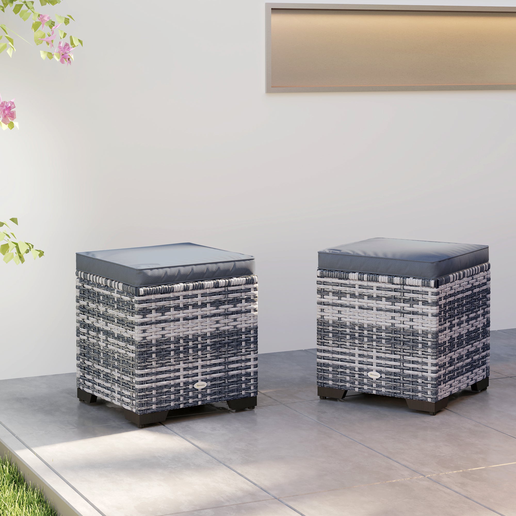 Outsunny Set of 2 Rattan Storage Ottoman, Outdoor Footstool with Removable Cushions, Garden Storage Seat for Balcony, Poolside, Living Room, Dark Grey - North Peak Garden Furniture