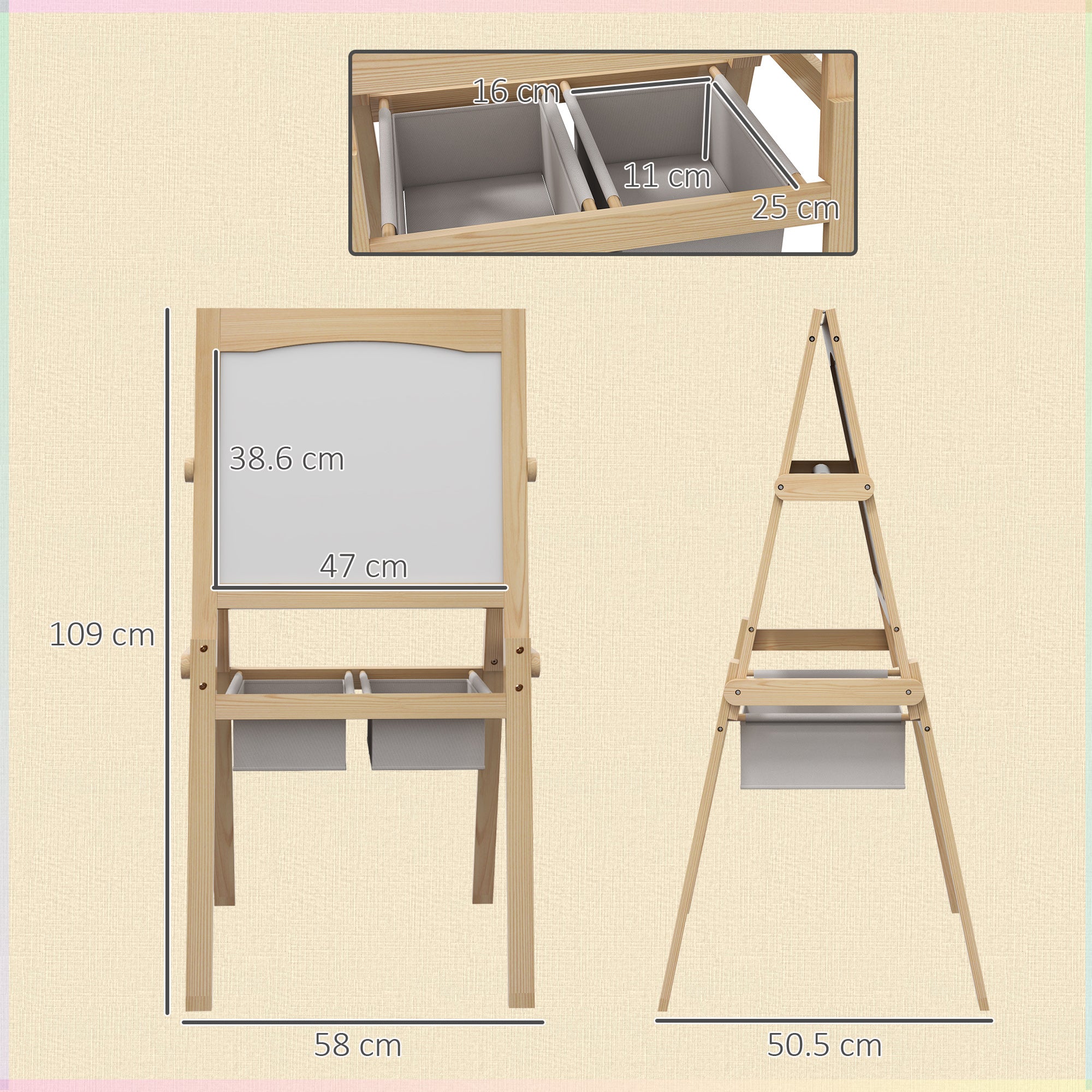 AIYAPLAY Kids Easel with Paper Roll, 3 in 1 Art Easel for Toddlers, Double-Sided Kids Whiteboard Blackboard with Storage Baskets for Ages 3-6 Years - Natural Wood Finish