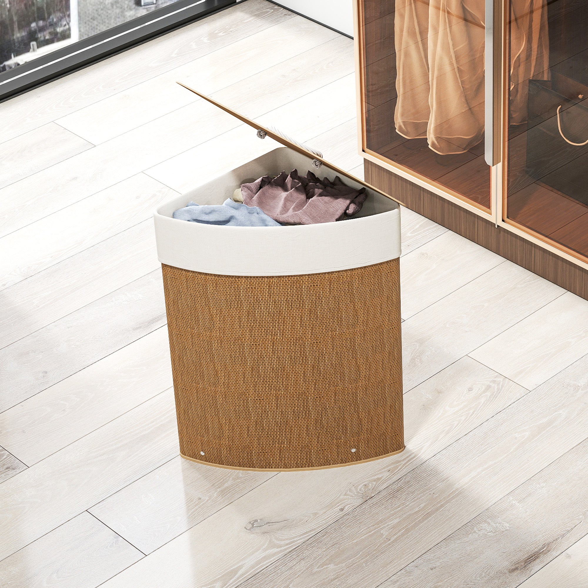 HOMCOM Bamboo Laundry Basket with Lid, 55L Corner Laundry Hamper with Removable Washable Liner Bag, Bathroom Triangle Washing Basket, 35 x 35 x 60 cm, Brown - North Peak Garden Furniture