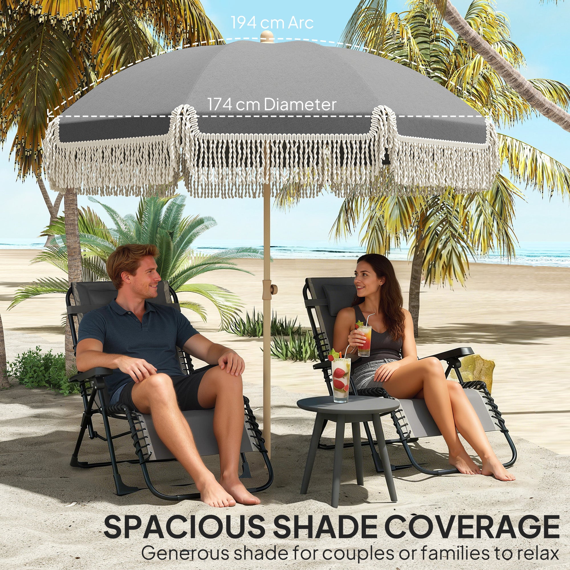 Outsunny 1.7 m Beach Umbrella with Sand Anchor, 30° Tilting Fringed Beach Garden Parasol with Adjustable Height, Grey