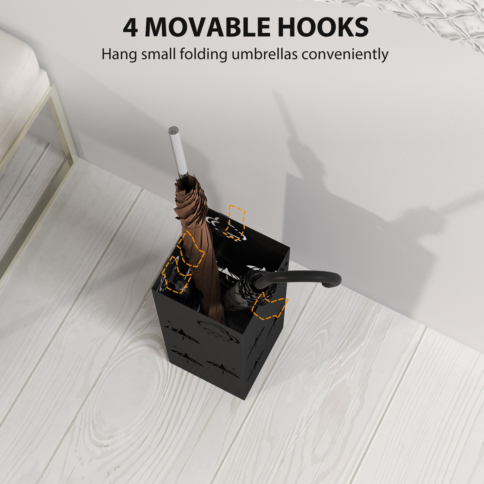 HOMCOM Metal Umbrella Stand, Square Umbrella Holder with Removable Drip Tray and 4 Hooks, Decorative Umbrella Storage Rack for Hallway, Entryway, 15.5 x 15.5 x 41 cm, Black - North Peak Garden Furniture