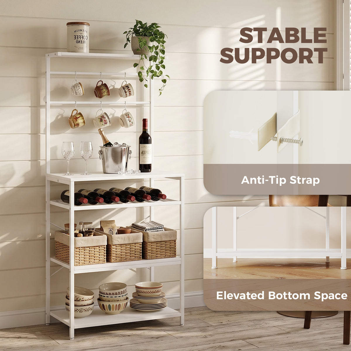 HOMCOM Freestanding Shelving Unit, Industrial Storage Shelf with 6 Hooks and Wine Rack for Living Room, Home Office, White