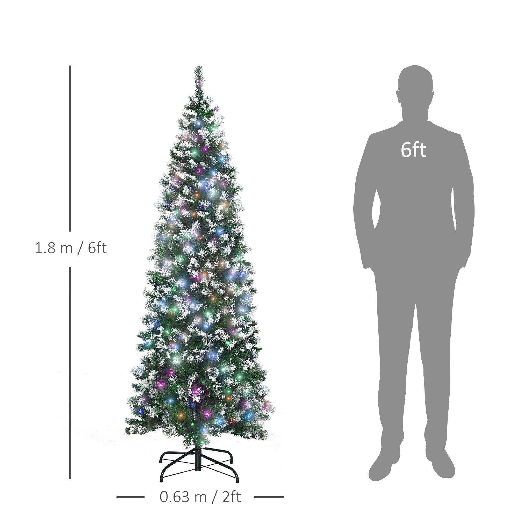 HOMCOM 6FT Tall Prelit Pencil Slim Artificial Christmas Tree with Realistic Branches, 300 Colourful LED Lights and 618 Tips, Xmas Decoration, Green - North Peak Garden Furniture