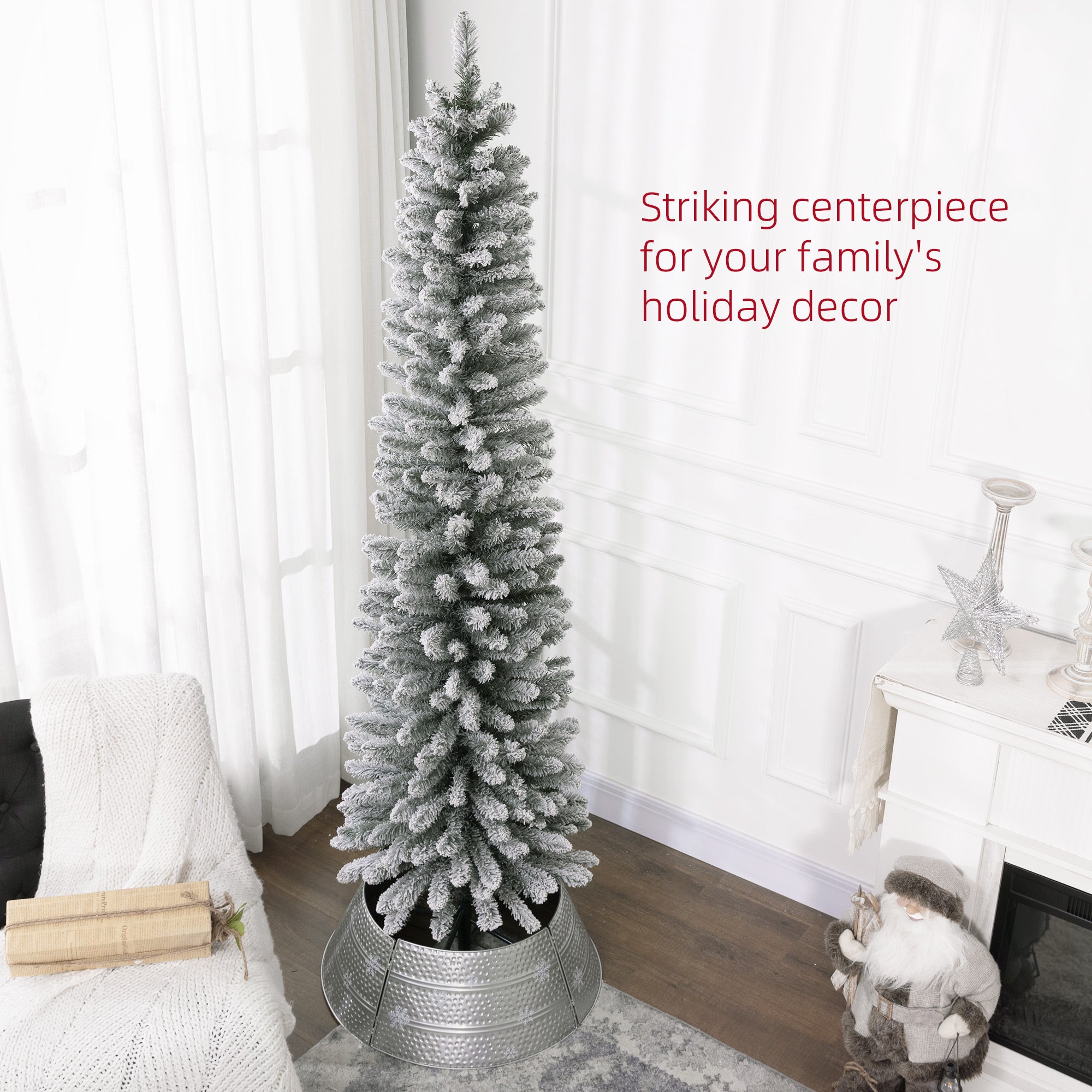 HOMCOM 7ft Artificial Snowy Pencil Christmas Tree - Green