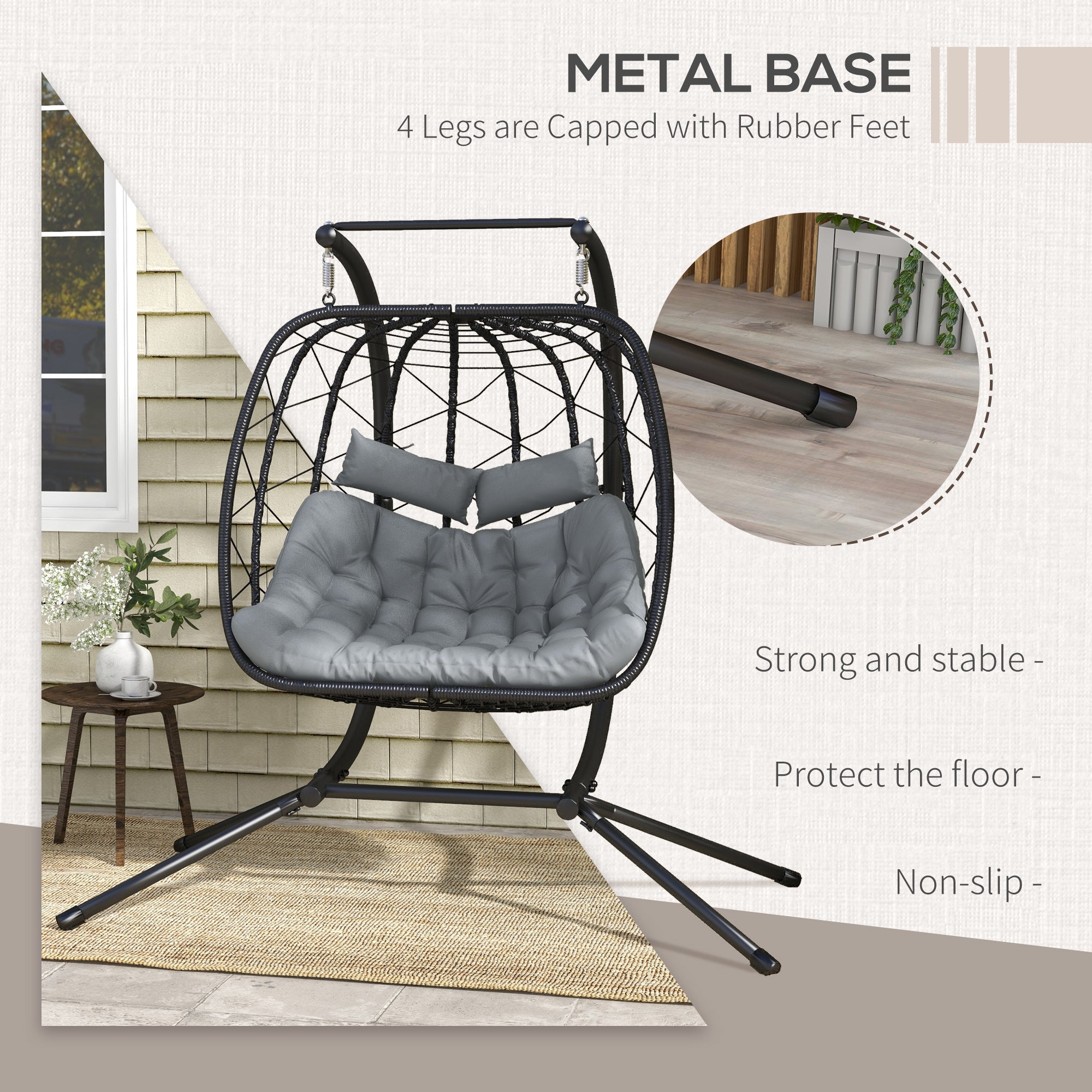Outsunny Two-Seater Steel Frame Hanging Egg Chair - Black - North Peak Garden Furniture