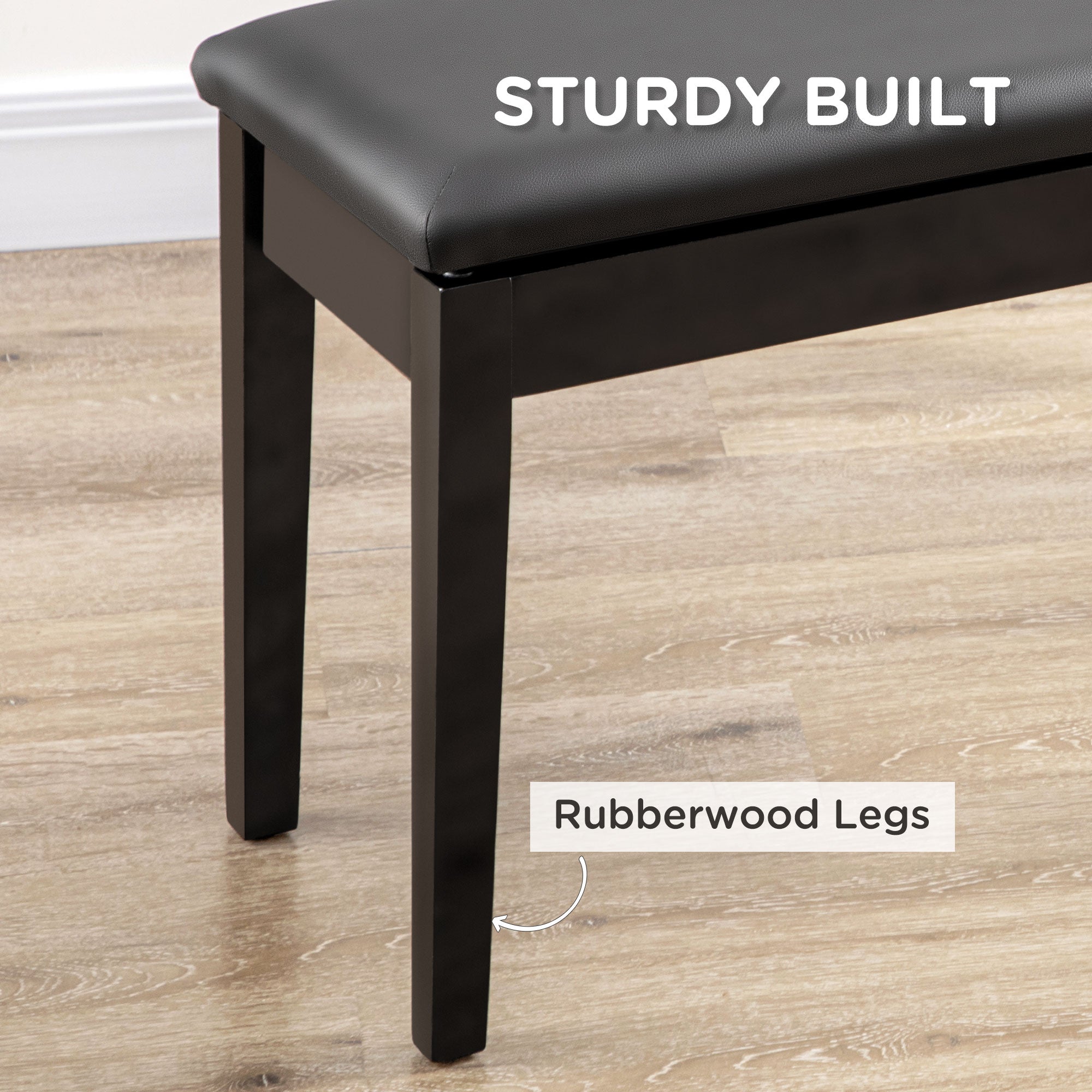 HOMCOM Classic Piano Bench Stool, PU Leather Padded Keyboard Stool with Rubber Wood Legs and Music Storage Compartment, Black - North Peak Garden Furniture