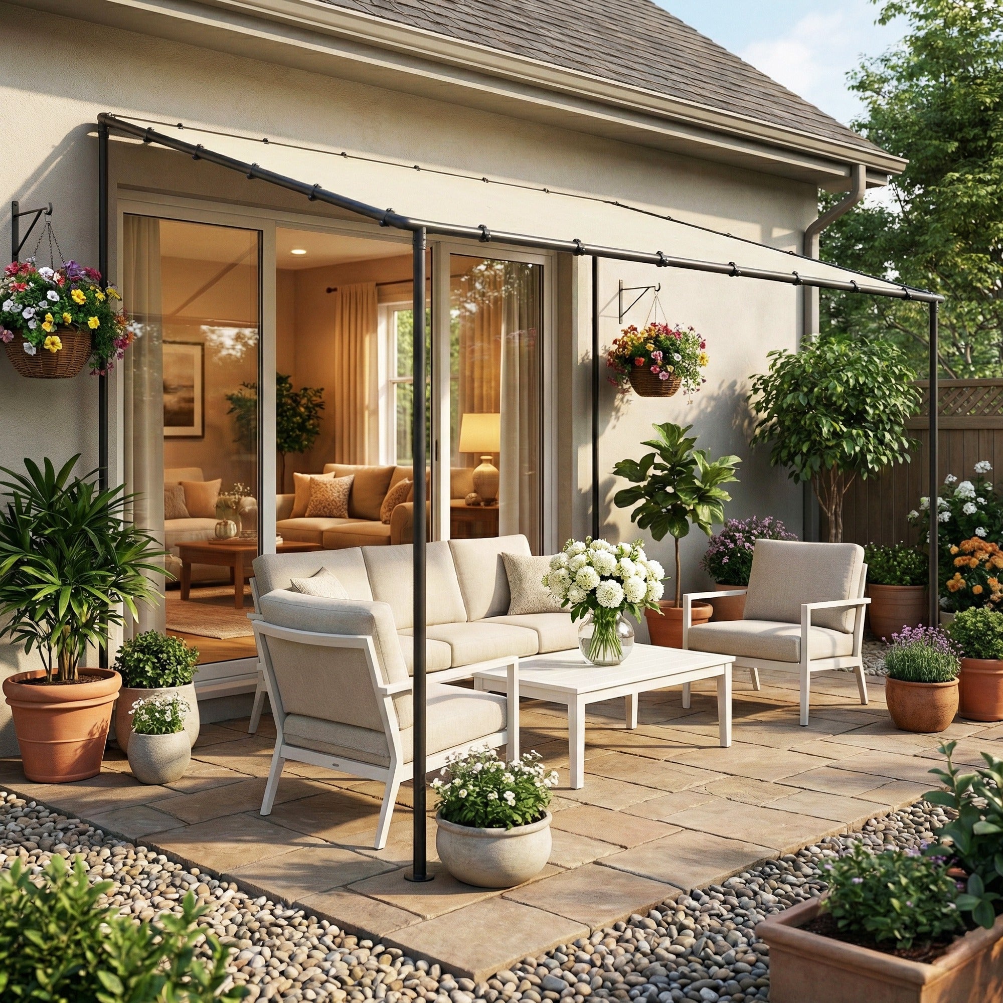 Outsunny 3 x 2 m Lean to Garden Pergola, Metal Frame Gazebo Pergola with UPF30+ Protection, Sloped Roof, Drainage Holes, Cream