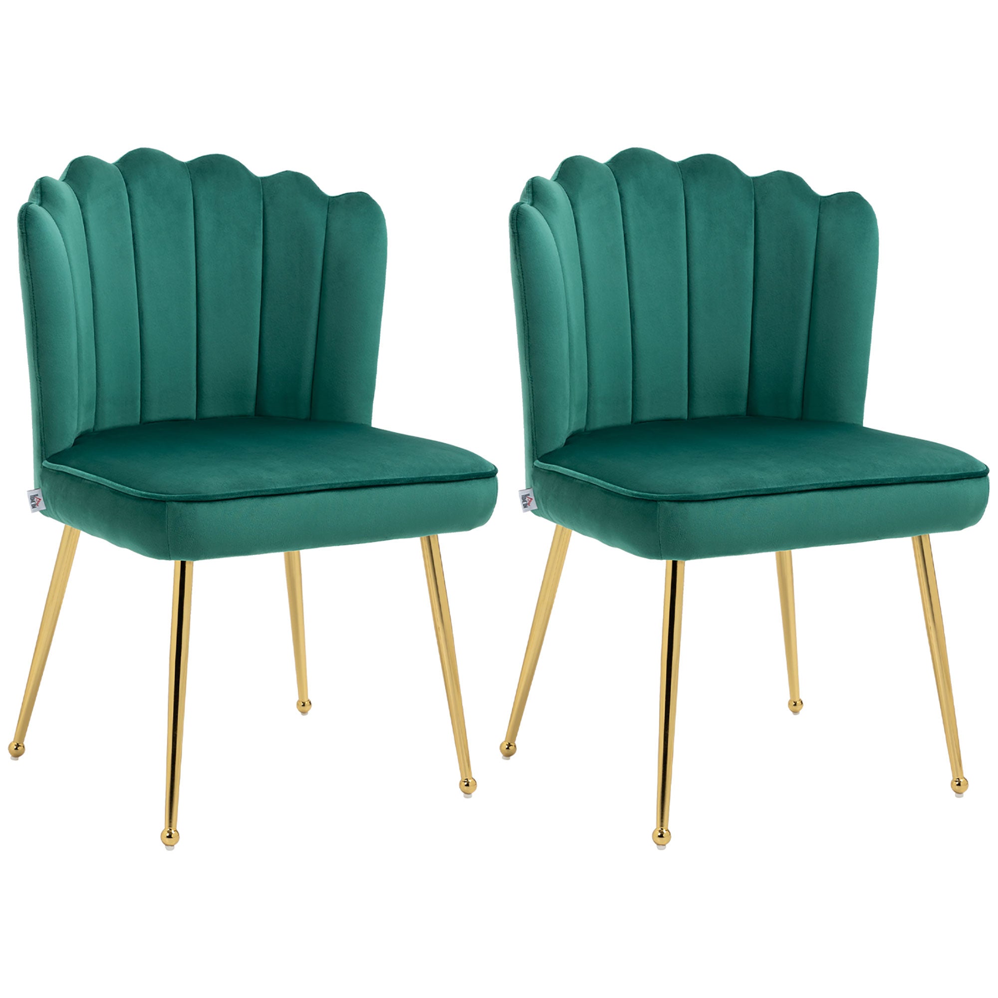 HOMCOM Shell Dining Chairs Set of 2, Upholstered Kitchen Chairs with Gold Metal Legs and Backrest, Velvet Fabric Lounge Leisure Chairs for Living Room, Reception Room, Green