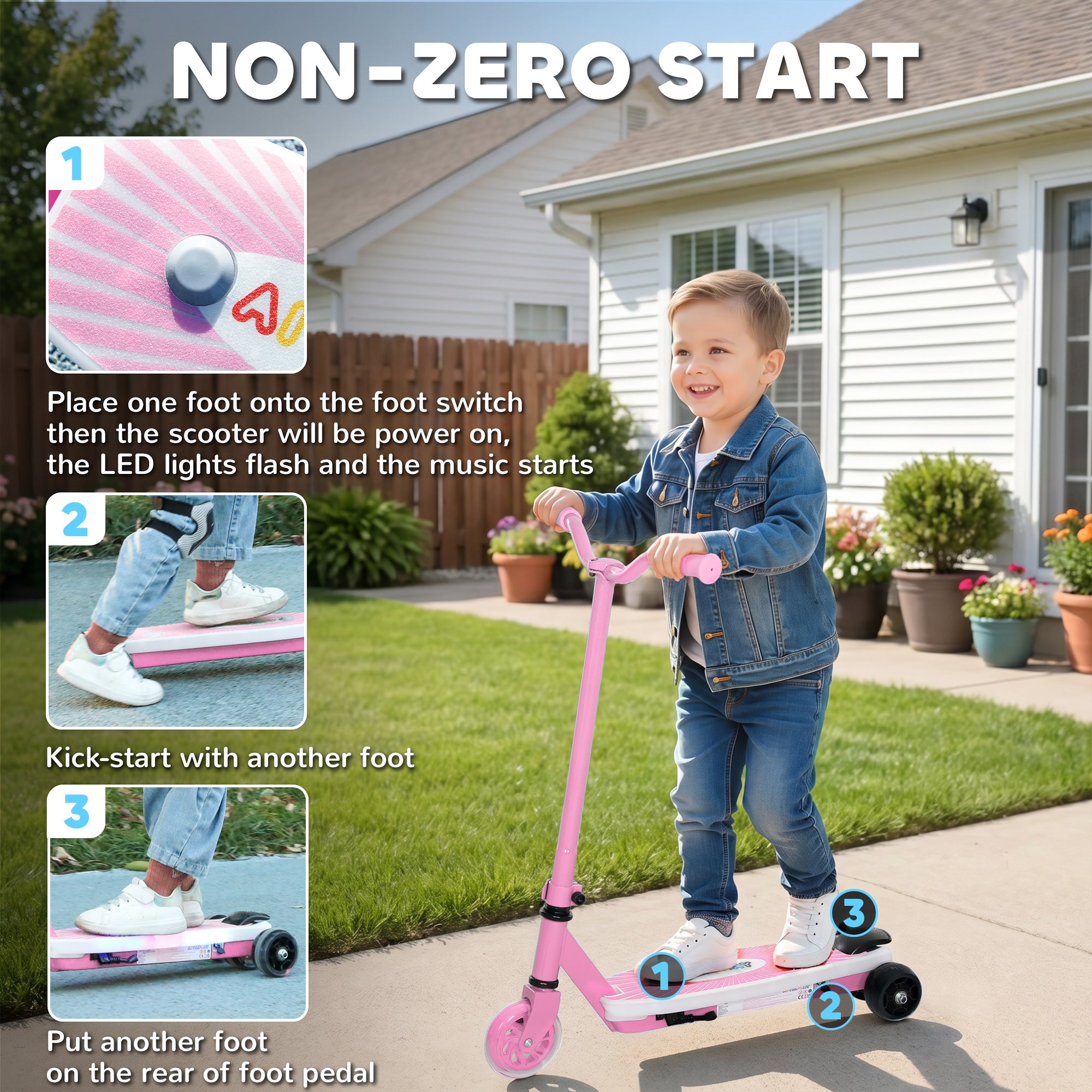 AIYAPLAY Electric Scooter for Kids Ages 4-7, with Auxiliary Rear Wheels, Flashing LED Light and Electric Brake, Kids Electric Scooter for Boys Girls, 6 KM/H & 8 KM, Pink