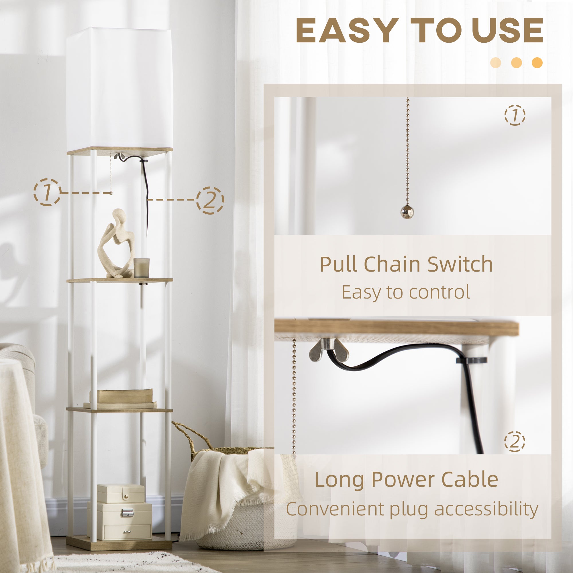 HOMCOM Modern Floor Lamp with Shelves, 3 Layer Shelf Tall Standing Lamp with Fabric Lampshade, Pull Chain Switch for Living Room, Bedroom, Bulb not Included, White - North Peak Garden Furniture