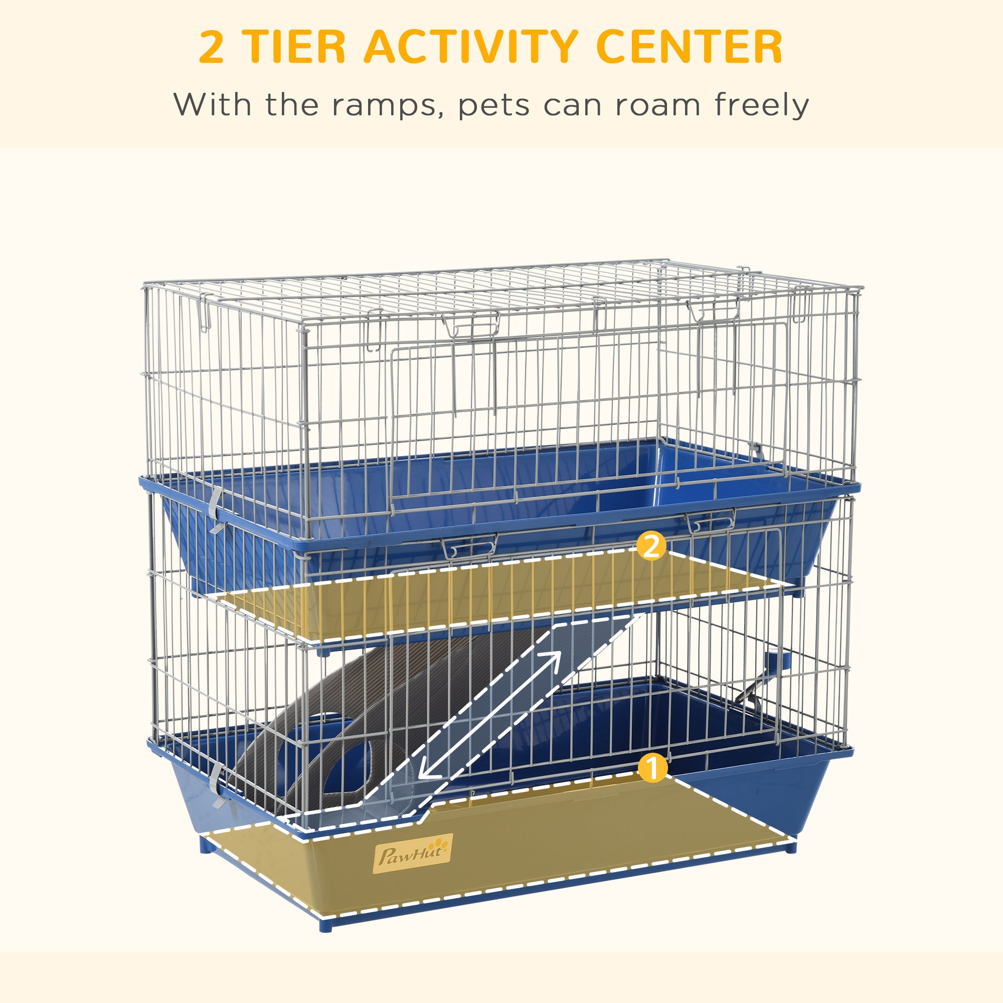 PawHut Small Animal Cage, Metal 2-Tier, Spacious, Secure, Easy Clean, Blue