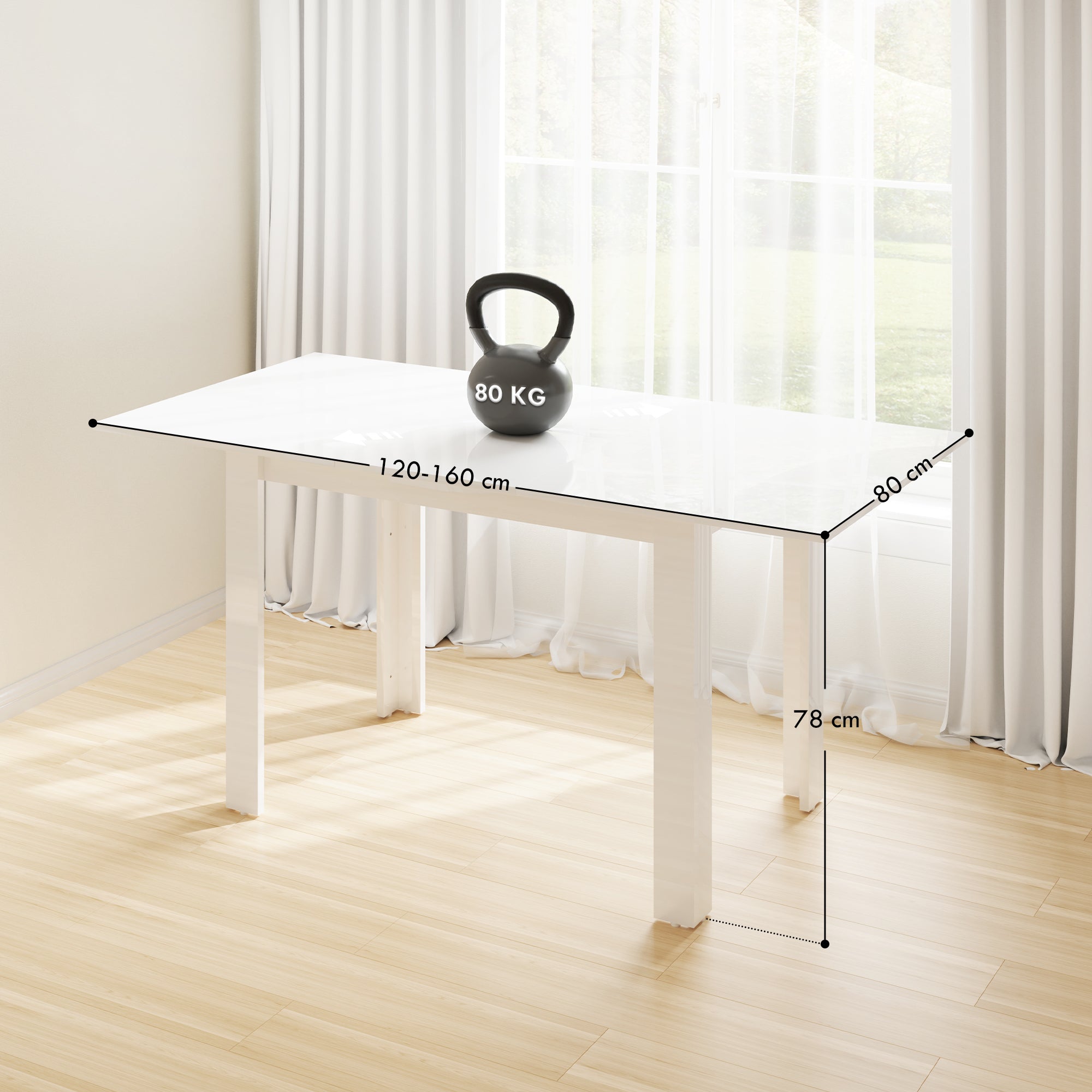 HOMCOM Extendable Dining Table, 120-160 x 70cm Rectangular Kitchen Table for Small Spaces, Seats 4-6 People, High Gloss White - North Peak Garden Furniture