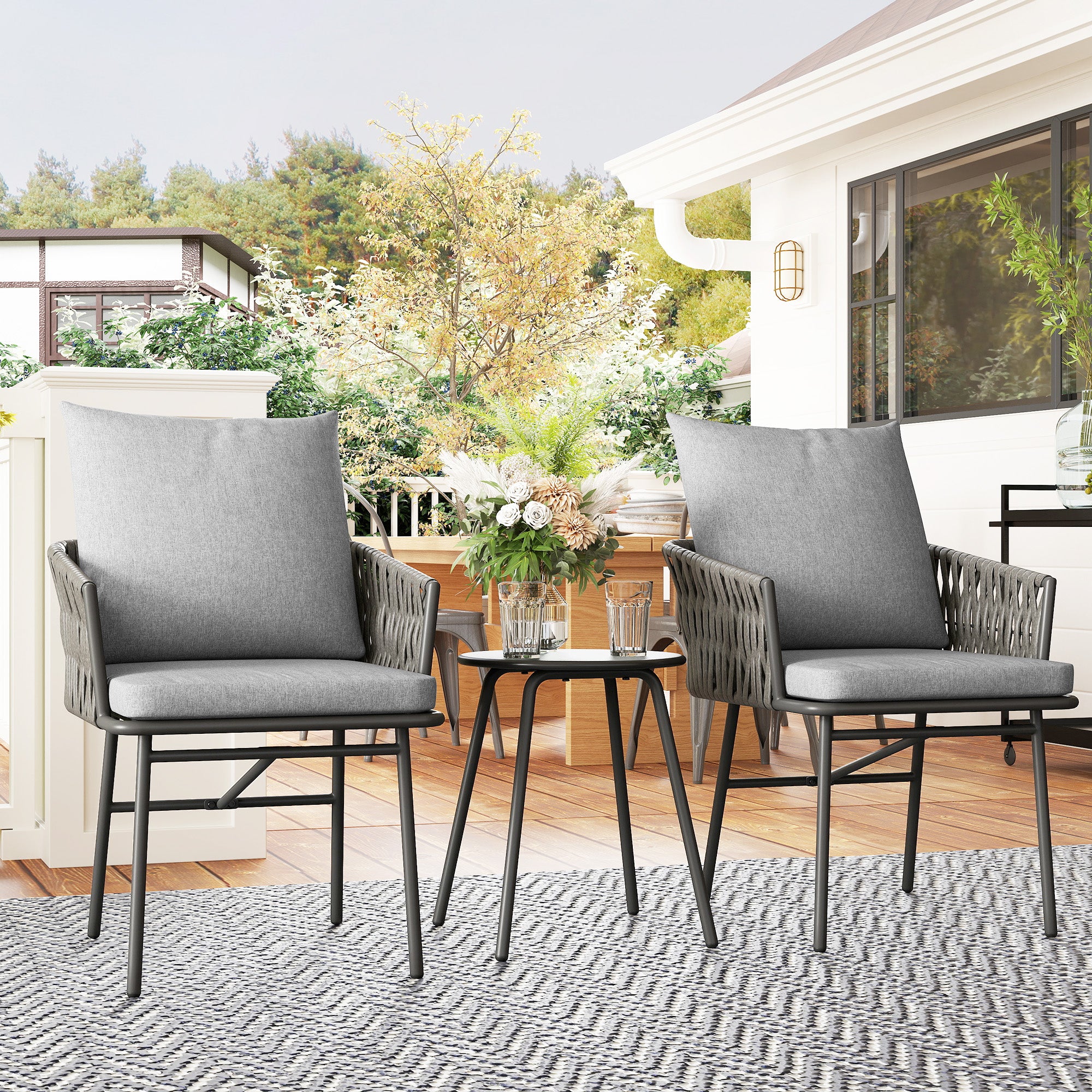 Outsunny 3-Piece Rattan Bistro Set, Garden Table and Chairs with 4 Cushions, Patio Rattan Conversation Furniture Set for Balcony, Porch, Terrace, Grey - North Peak Garden Furniture