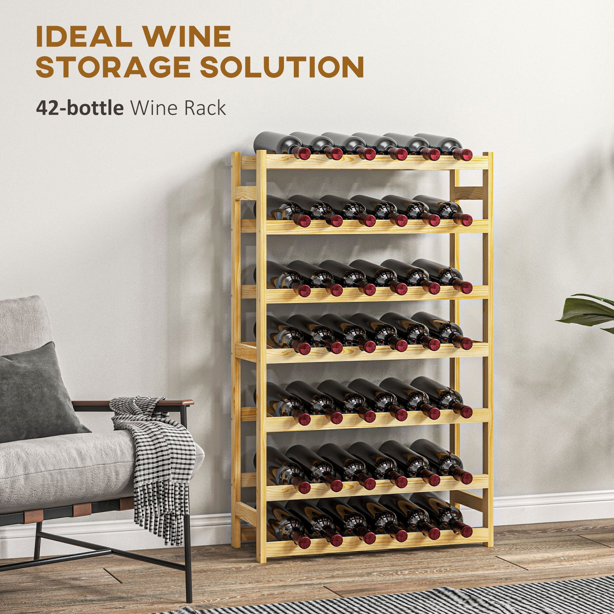 HOMCOM 42-Bottle Wooden Wine Rack - Natural Finish - North Peak Garden Furniture