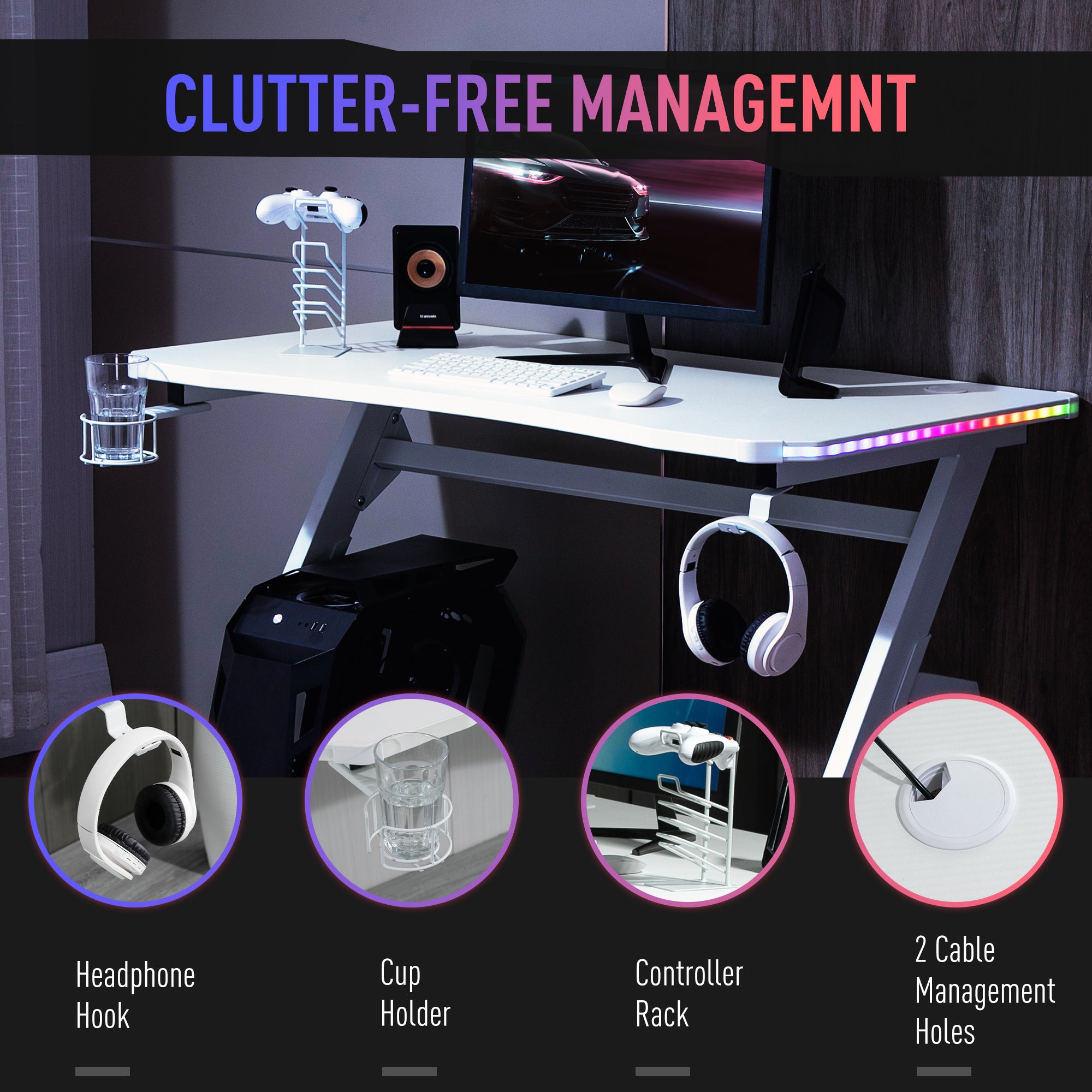 HOMCOM RGB 120 x 66cm Gaming Desk, Computer Table with Carbon Fibre Surface, Headphone Hook, Cup Holder, Controller Rack, Home Office Desk, White - North Peak Garden Furniture