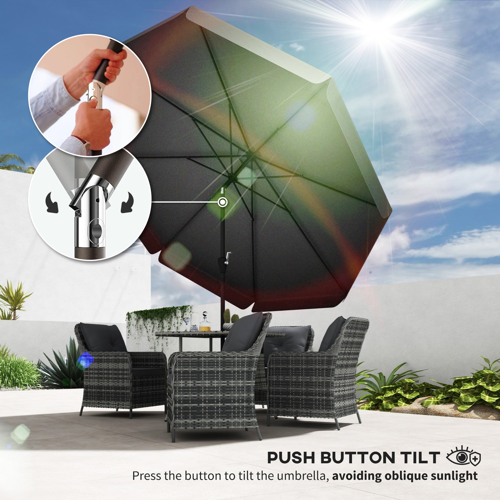 Outsunny 2.7m Patio Parasol Garden Umbrellas Outdoor Sun Shade Table Umbrella with Tilt, Crank, 8 Ribs, Ruffles, Black - North Peak Garden Furniture