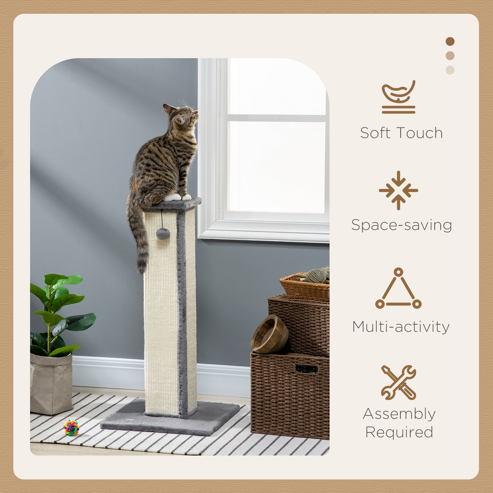 PawHut 81cm Cat Scratcher, Vertical Full Scratcher w/ Natural Sisal Rope, Hanging Ball, Soft Plush - Grey - North Peak Garden Furniture