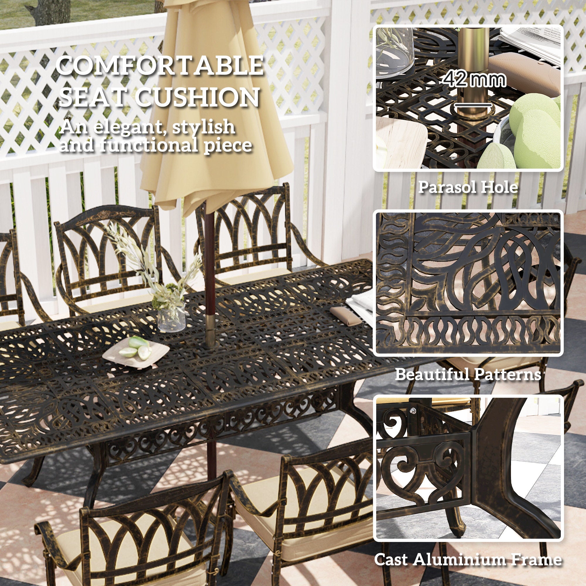 Outsunny Nine-Piece Cast Aluminium Garden Dining Set - Bronze Tone - North Peak Garden Furniture
