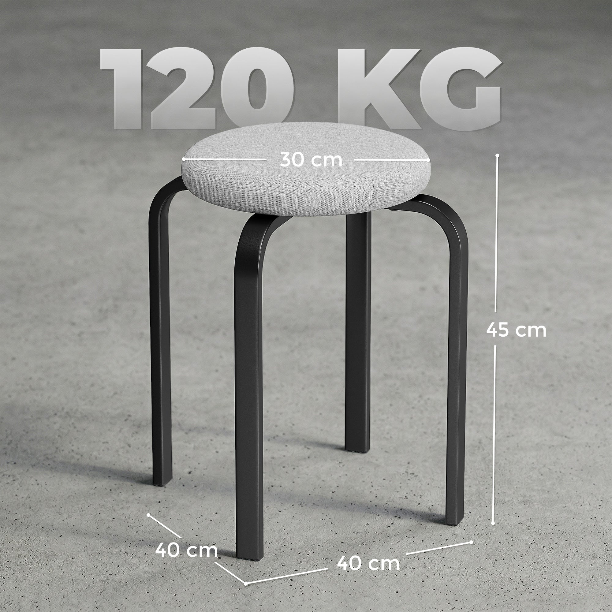 HOMCOM Stackable Stools Modern Cushioned Round Backless Stools Set of 4 Kitchen Dining Room Grey