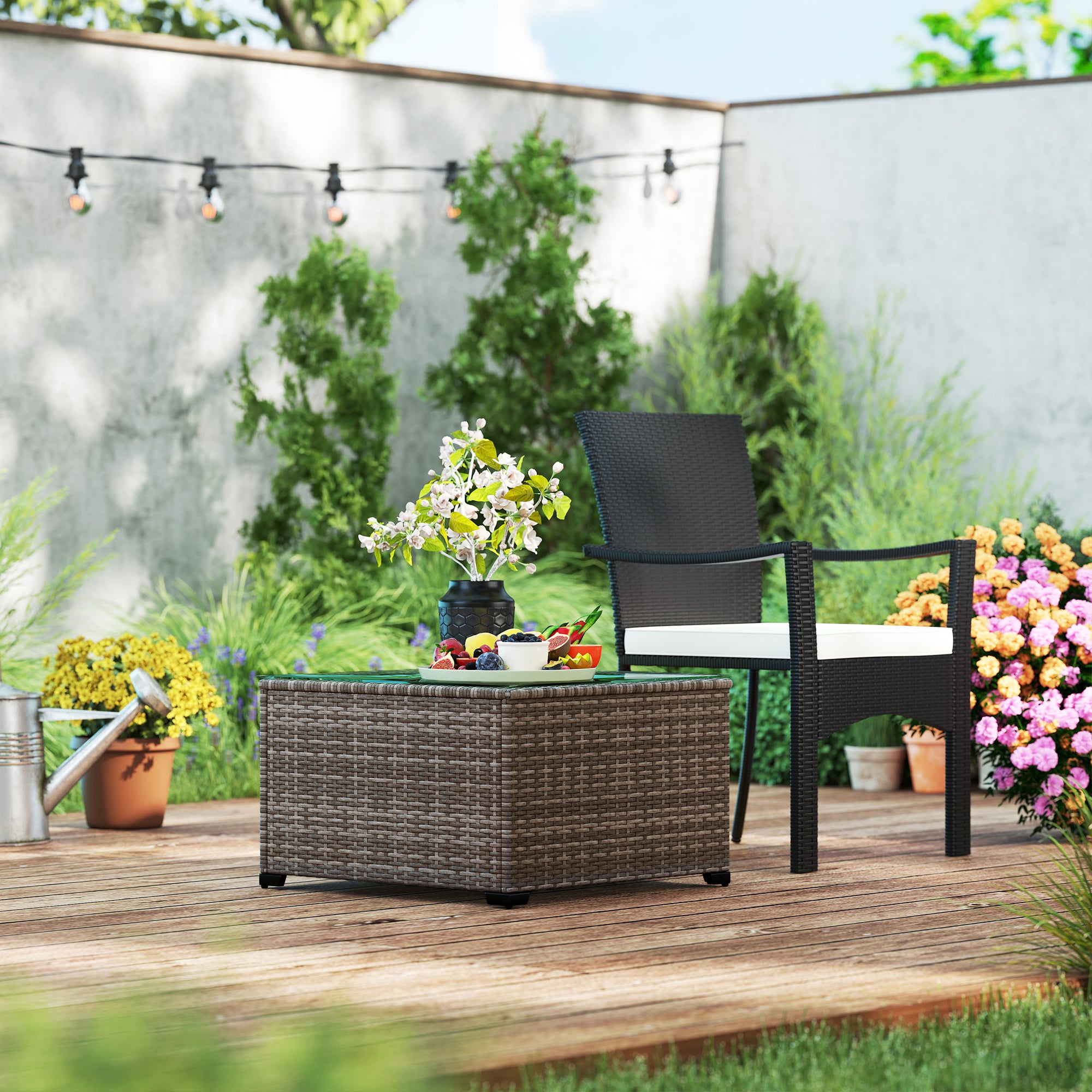 Outsunny 62 x 62cm Glass-Top Rattan Side Table - Black - North Peak Garden Furniture