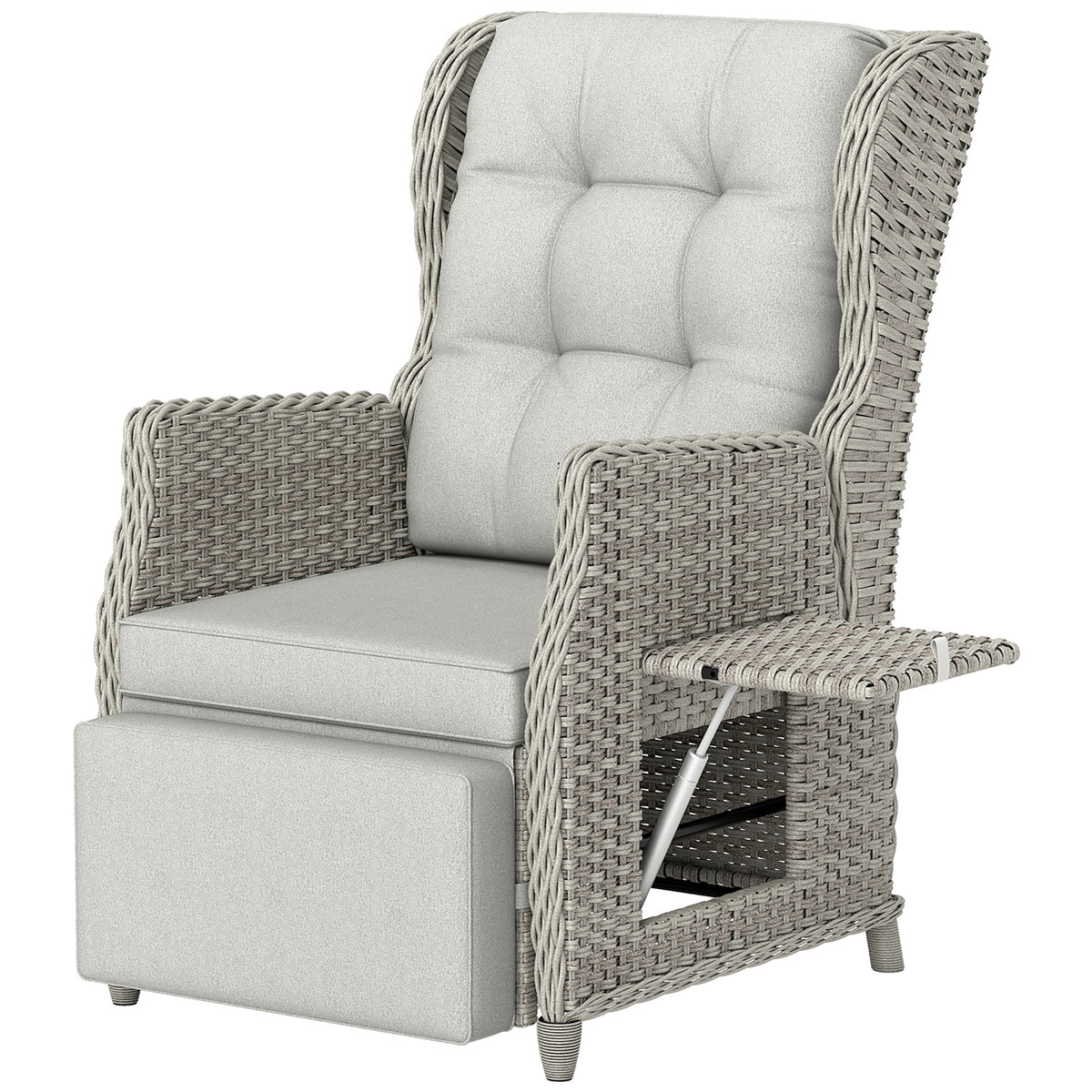 Outsunny Rattan Garden Recliner Chair, Reclining Garden Chair with Adjustable Back and Footrest, Flip Table, Cushion, Light Grey