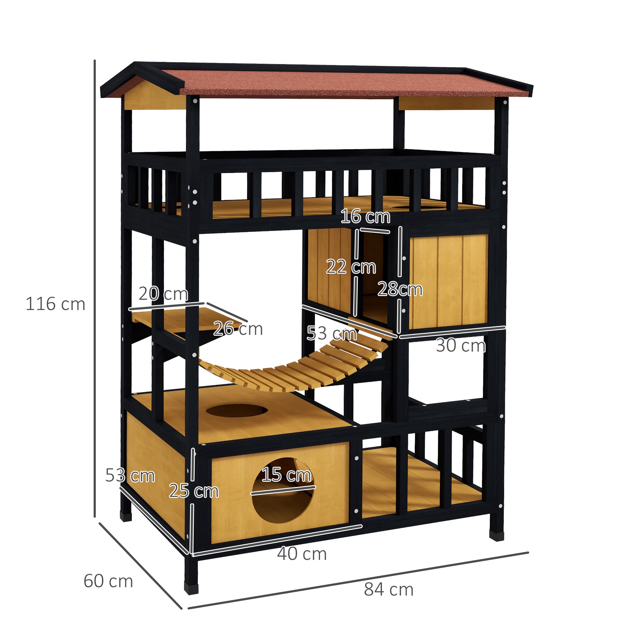 PawHut Outdoor Cat Shelter, Four-Tier Wooden Feral Cat House, with Suspension Bridge, Cat Houses, Balcony, Escape Doors