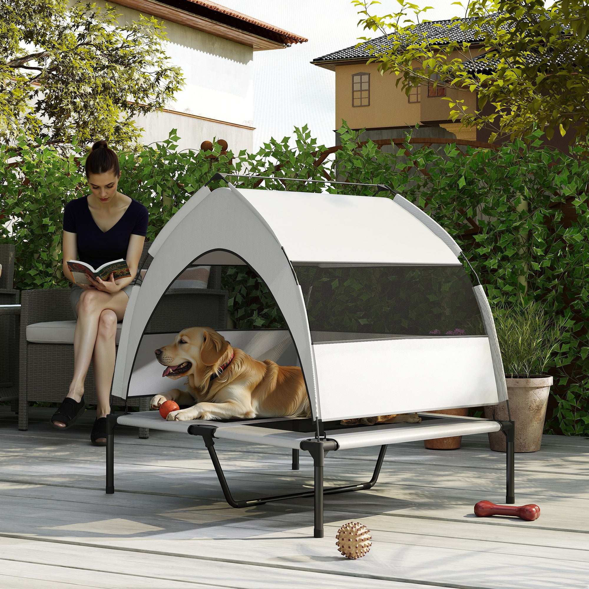 PawHut Portable Elevated Dog Bed with Removable Canopy, Cooling Raised Pet Cot for Medium Large Dogs, 92 x 75 x 89 cm - North Peak Garden Furniture