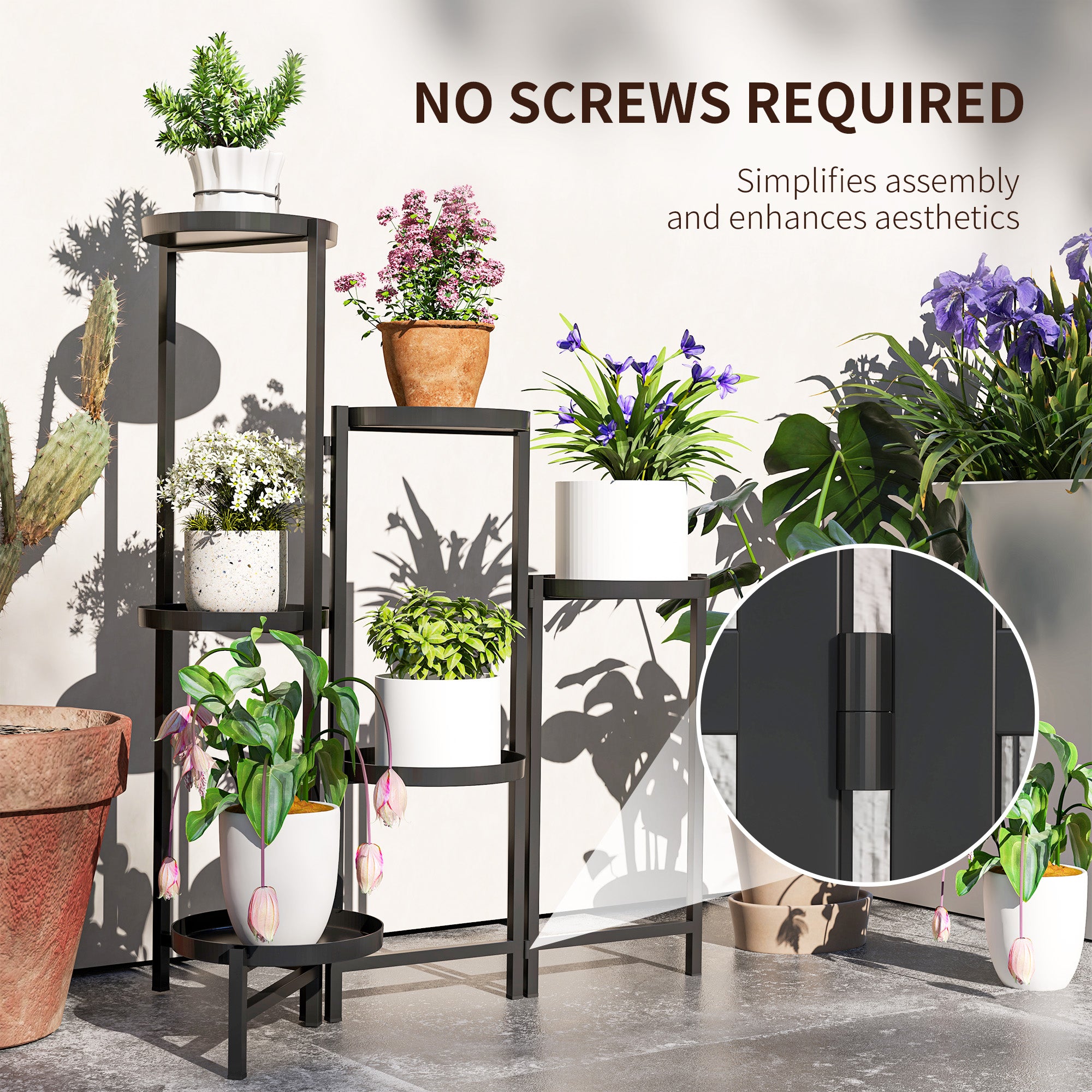Outsunny 3 Tier Plant Stand Indoor Outdoor, Foldable Corner Plant Stands for Multiple Plants, Metal Round Flower Pot Holder for Patio Garden Balcony Living Room, Black - North Peak Garden Furniture