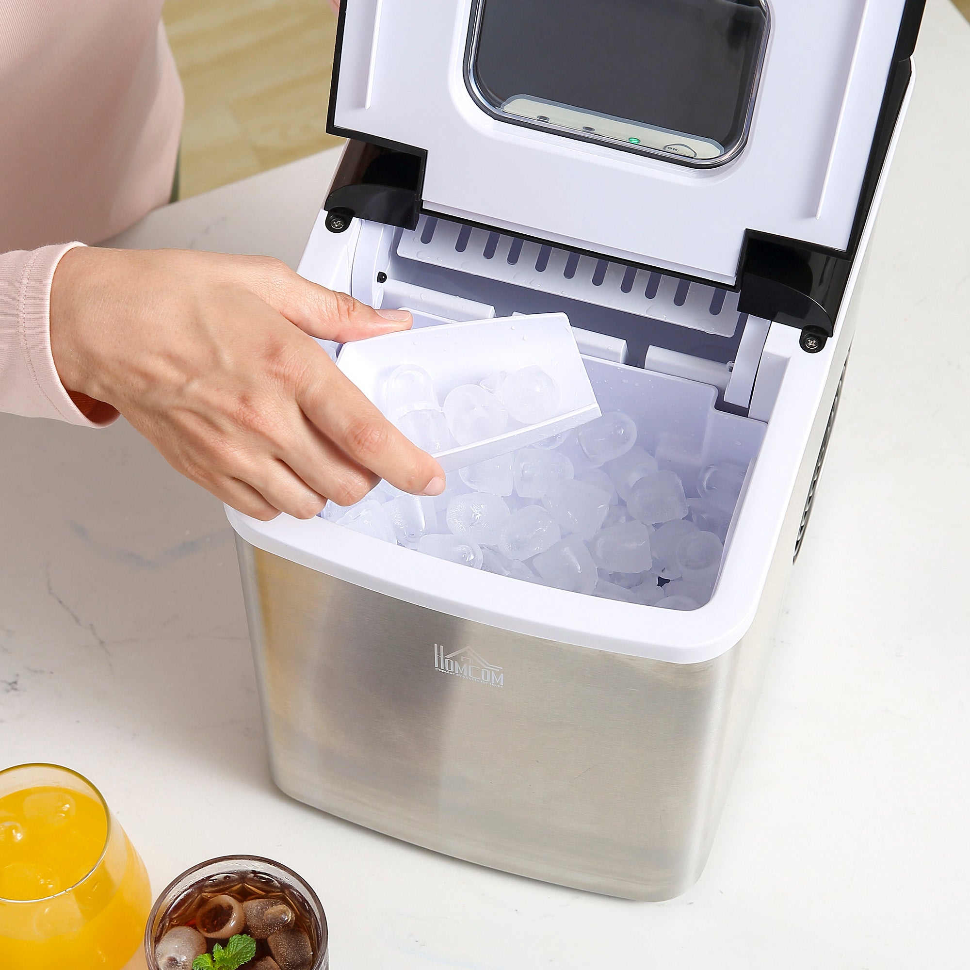 HOMCOM Ice Maker Machine, Counter Top Ice Cube Maker for Home, 9 Ice Cubes per 8 Minutes, 1.8L with Self Cleaning Function, Scoop and Basket Stainless Steel No Plumbing Required Black - North Peak Garden Furniture