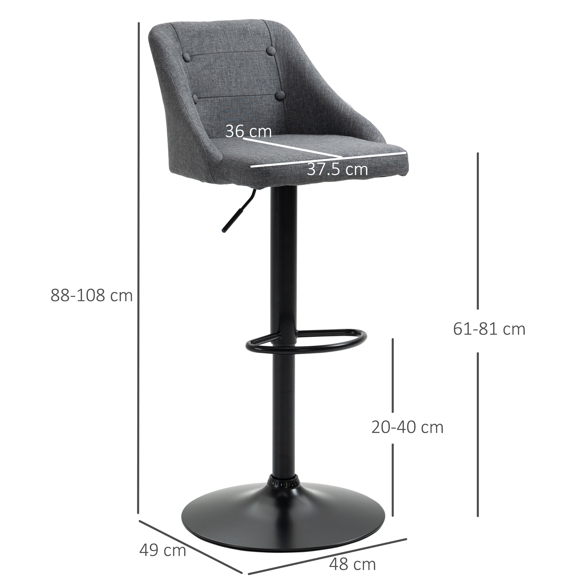 HOMCOM Modern Adjustable Bar Stools Set of 2, Swivel Fabric Barstools with Footrest, Armrests and Back, for Kitchen Counter and Dining Room, Dark Grey - North Peak Garden Furniture