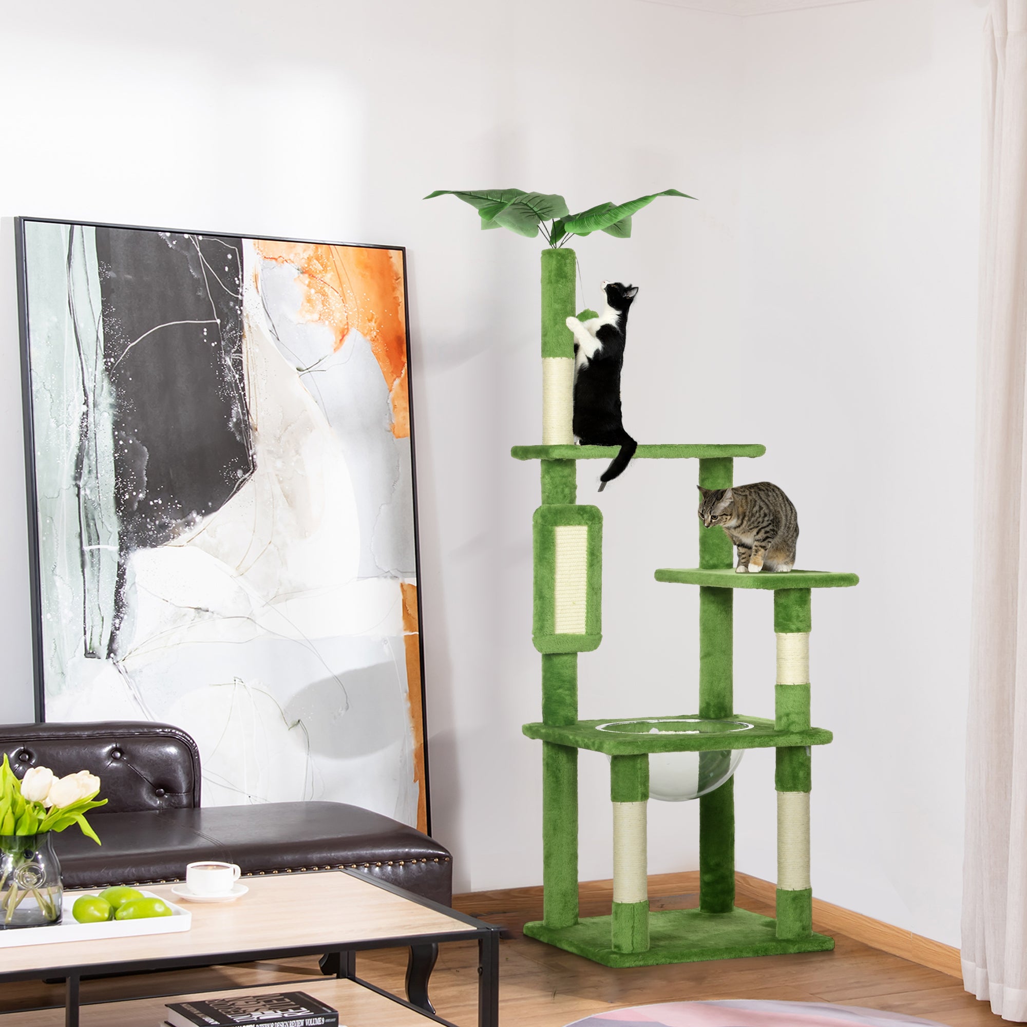 PawHut 142cm Cat Tree Tower, with Scratching Post, Hammock, Toy Ball, Platforms - Green - North Peak Garden Furniture