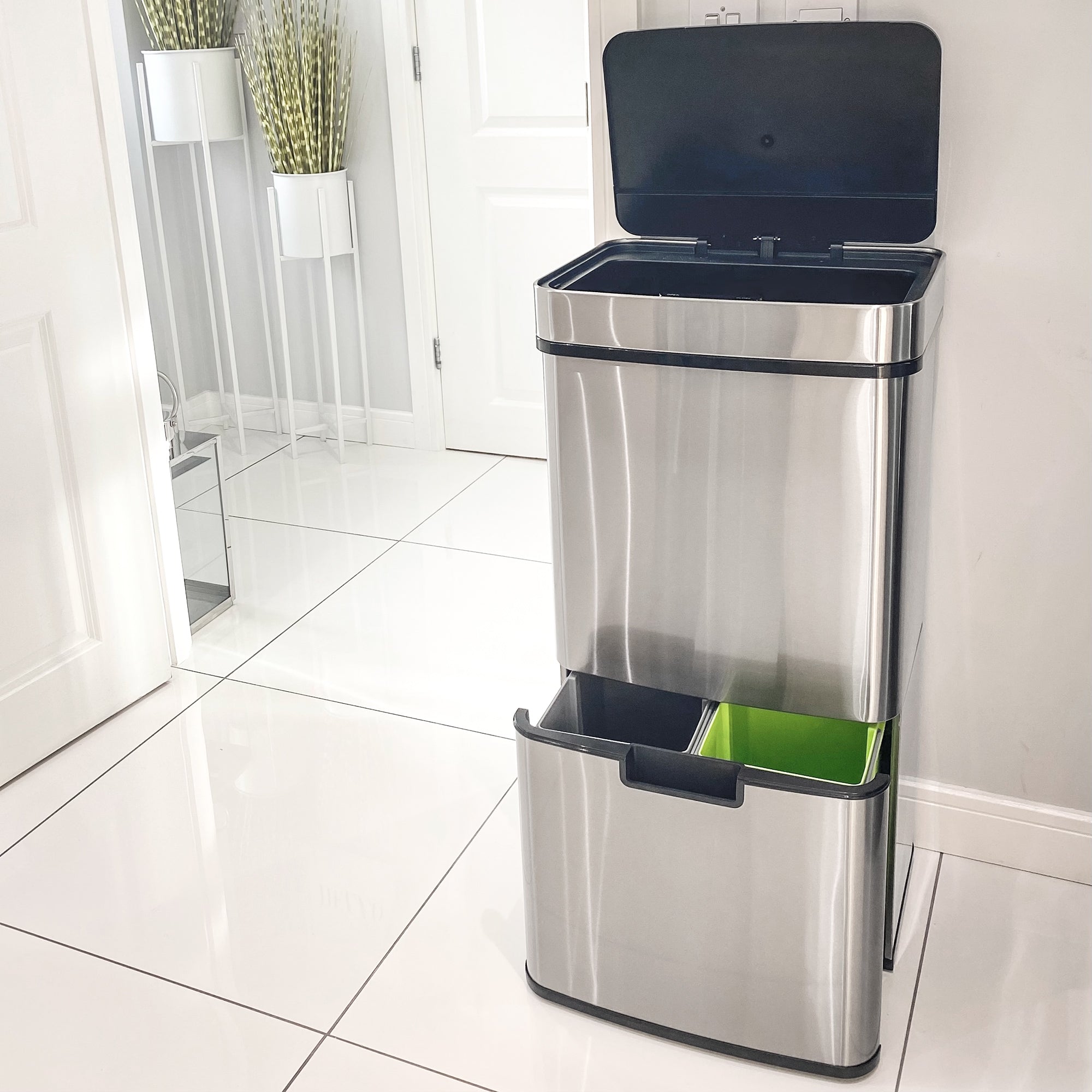 HOMCOM 72L Recycling Sensor Bin Stainless Steel 3 Compartments For Both Wet/Dry Waste w/Removable Lid Kitchen Home - North Peak Garden Furniture