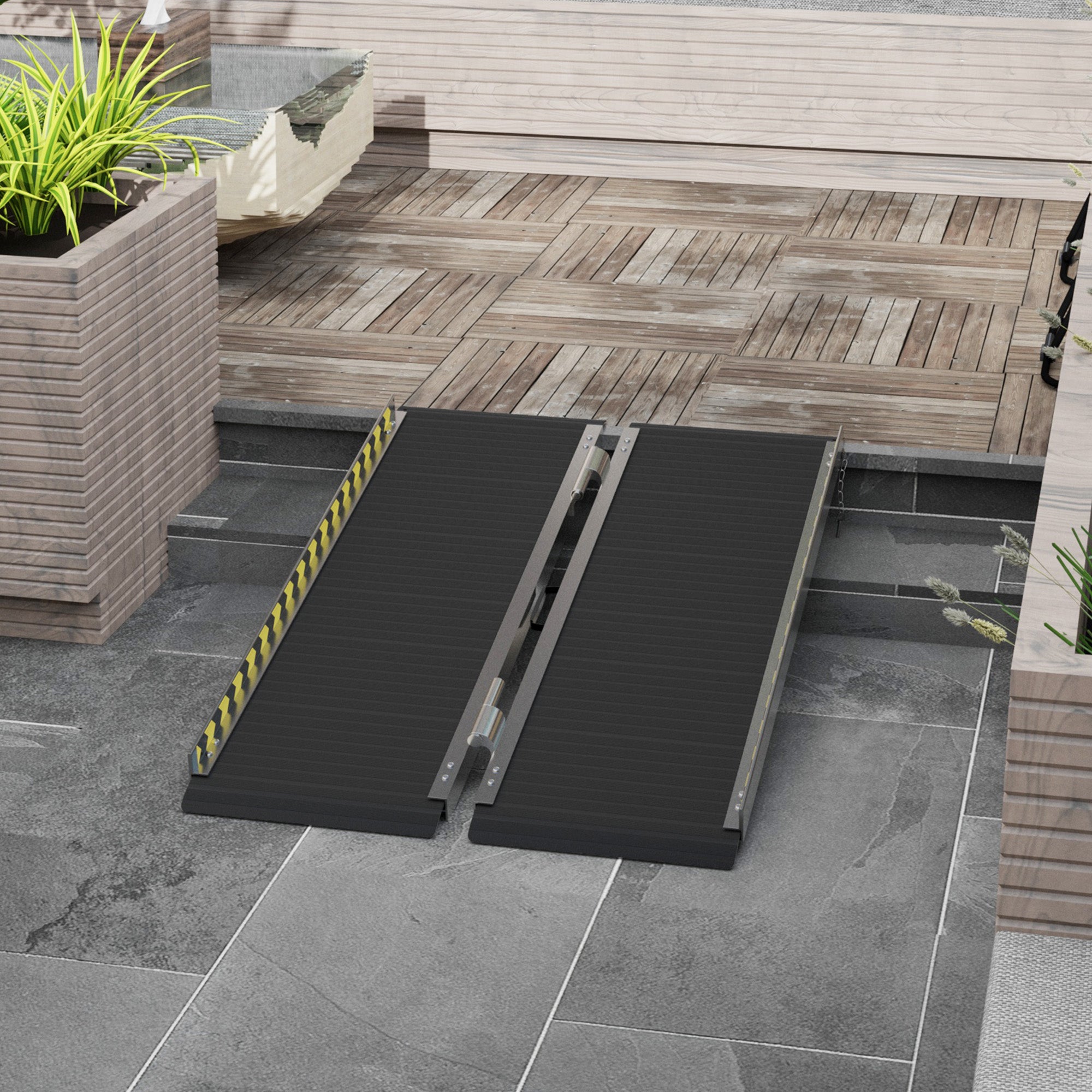 HOMCOM Wheelchair Ramp, 122L x 73Wcm, 272KG Capacity, Folding Aluminium Threshold Ramp with Non-Skid Surface, Transition Plates Above and Below for Home, Steps, Stairs, Curbs, Doorways - North Peak Garden Furniture