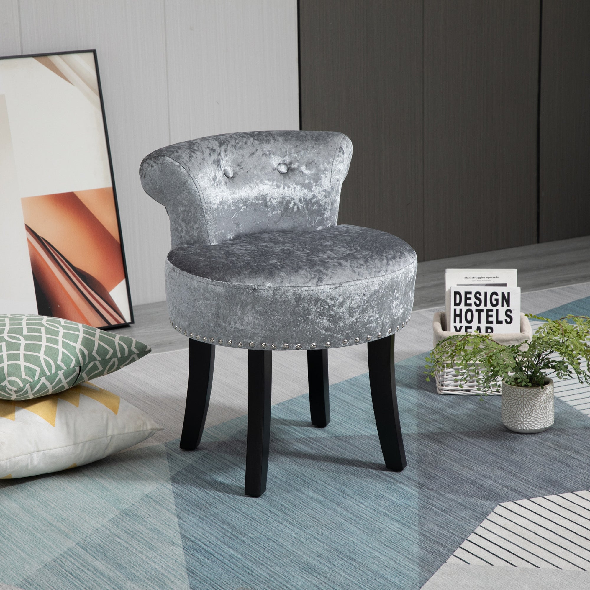 HOMCOM Dressing Table Stool with Rubber Wood Legs, Ice Velvet Vanity Stool for Living Room Bedroom, Grey - North Peak Garden Furniture