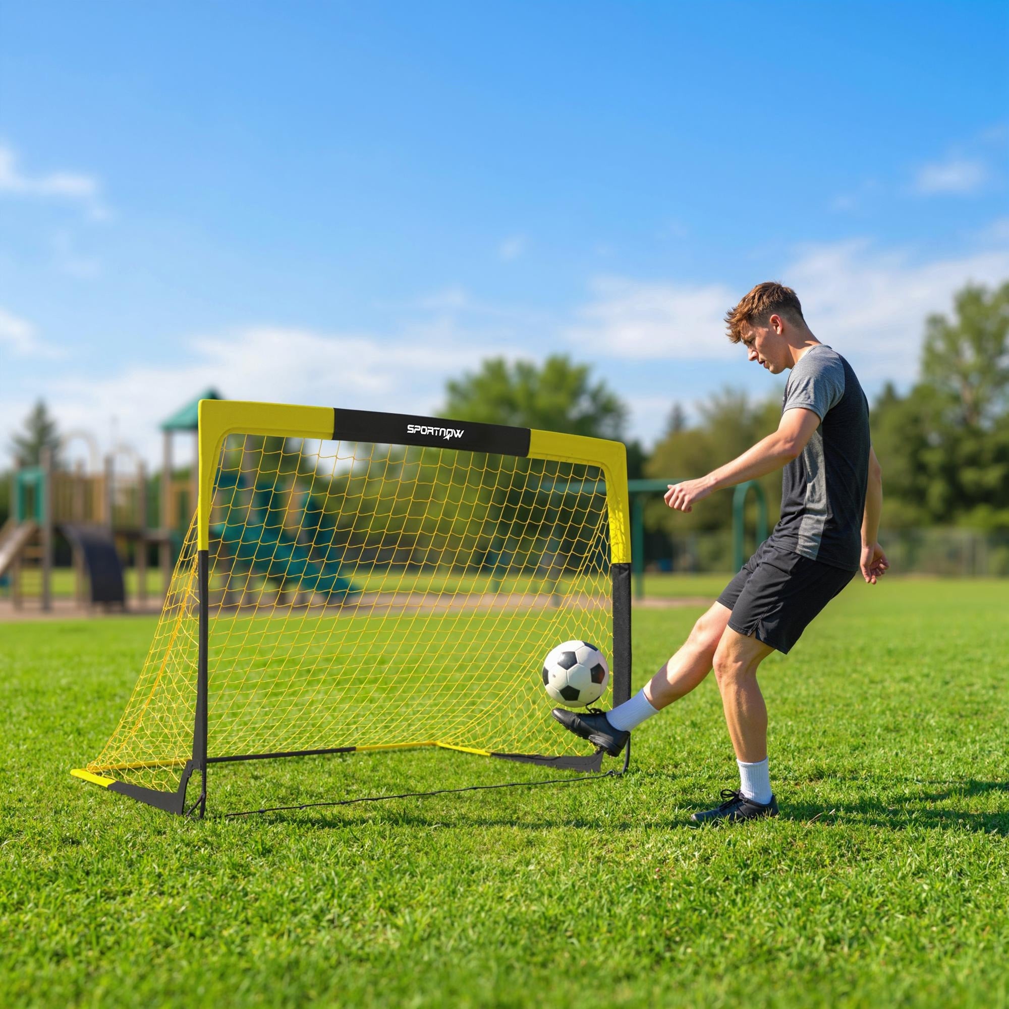 SPORTNOW Pop Up Football Goal, Portable Folding Football Net with Carry Bag, 4 U-Shaped Ground Stakes, Fibreglass Pole