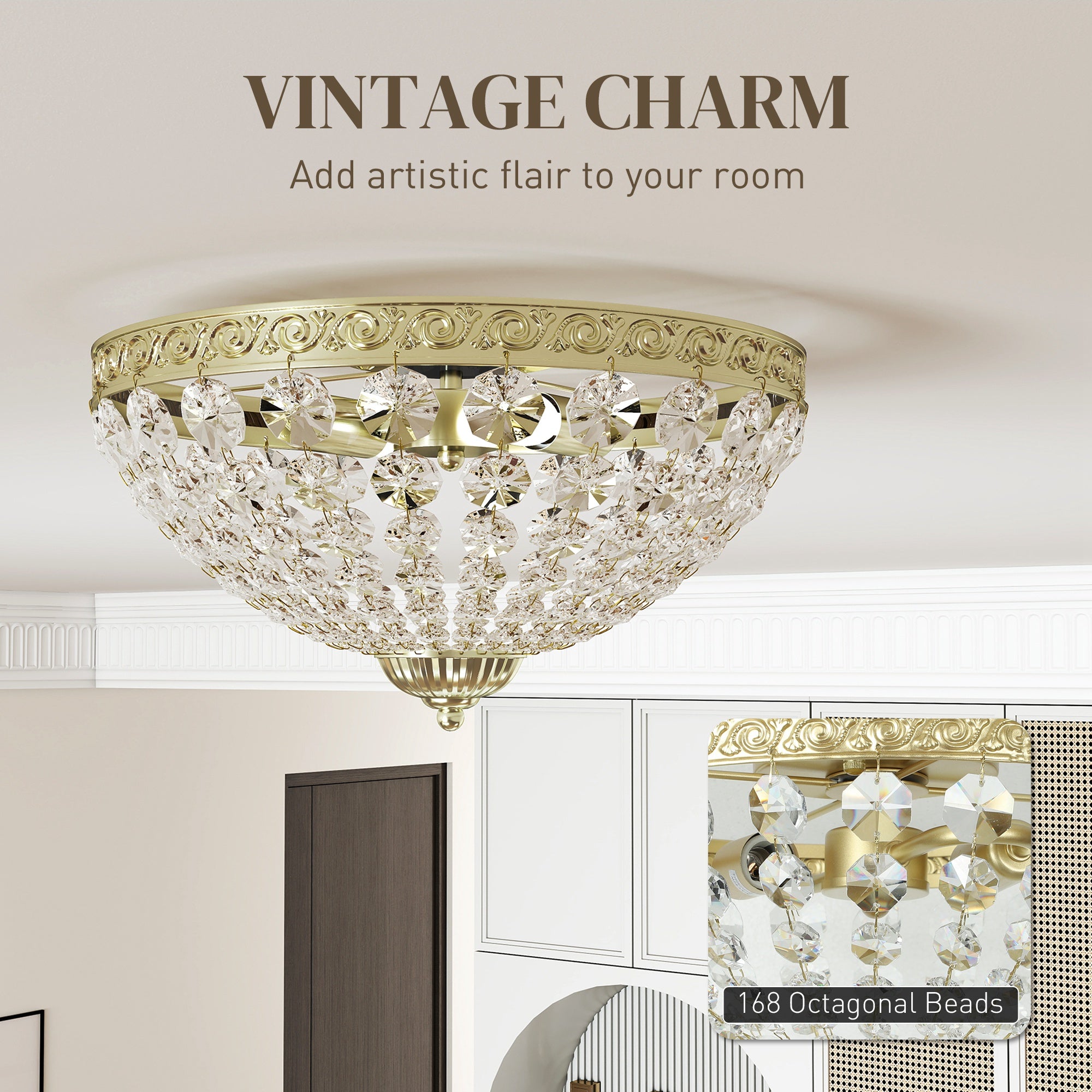 HOMCOM Crystal Chandelier Ceiling Light with 168 Octagonal Beads, Vintage 2-Light Flush Mount Ceiling Light for Living Room, Bedroom, Hallway, Dining Room, Gold Tone