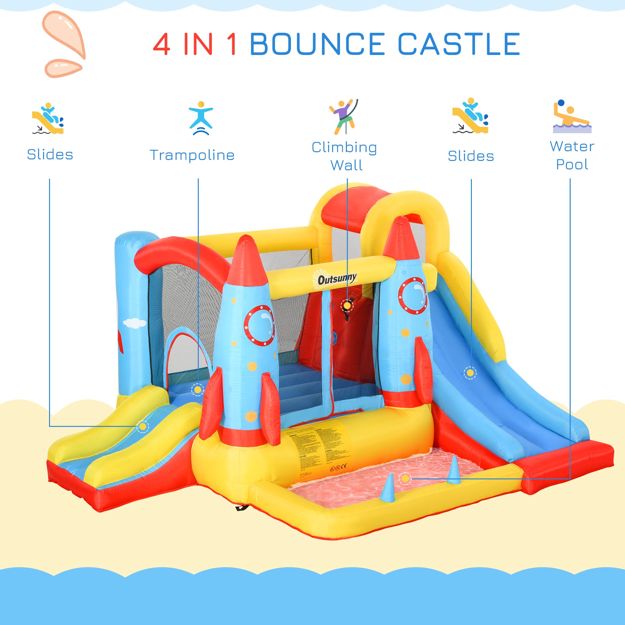 Outsunny Bounce Castle Inflatable Trampoline Slide Pool Rocket Design 3.4 x 2.8 x 1.85m