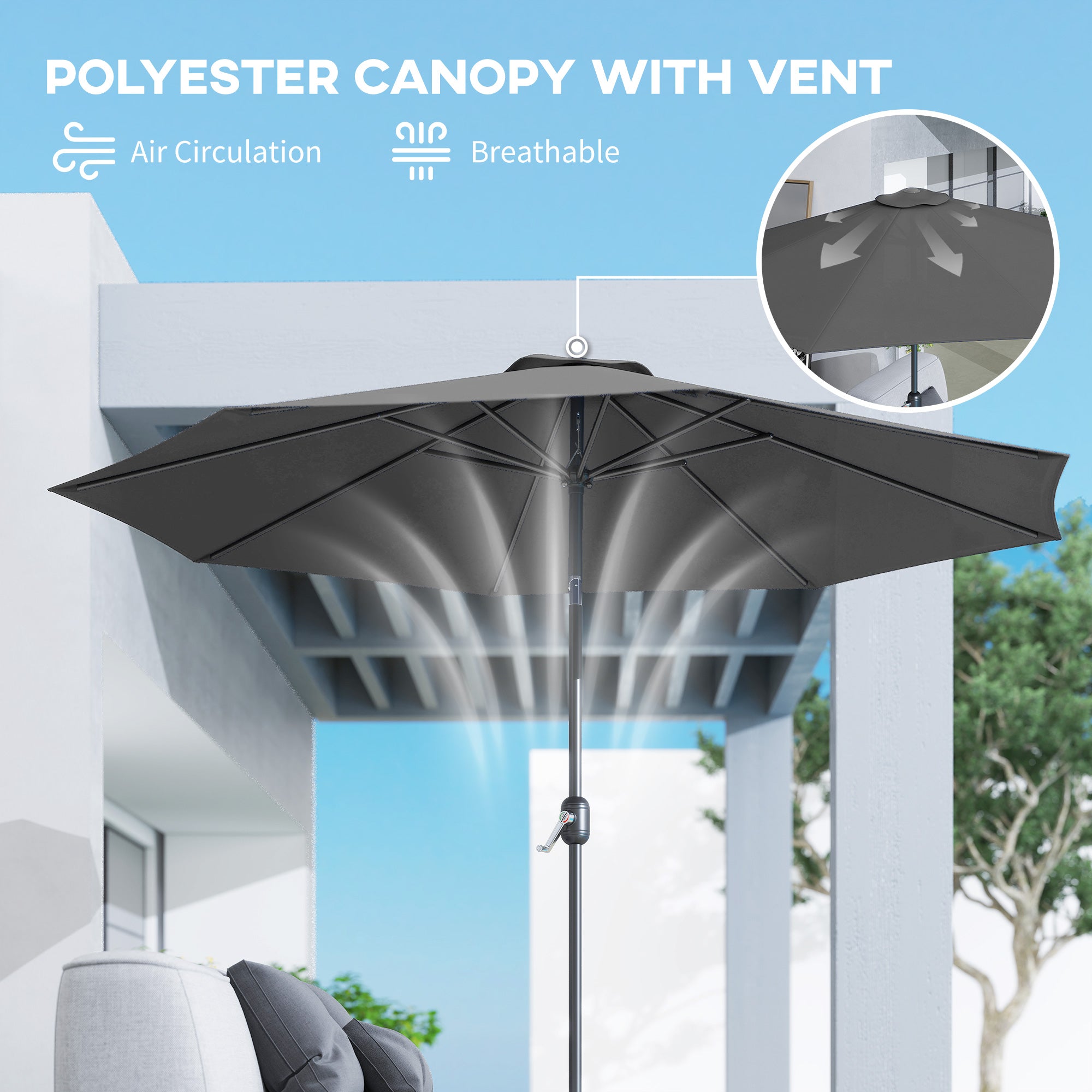 Outsunny 3(m) Tilting Parasol Garden Umbrellas, Outdoor Sun Shade with 8 Ribs, Tilt and Crank Handle for Balcony, Bench, Garden, Dark Grey