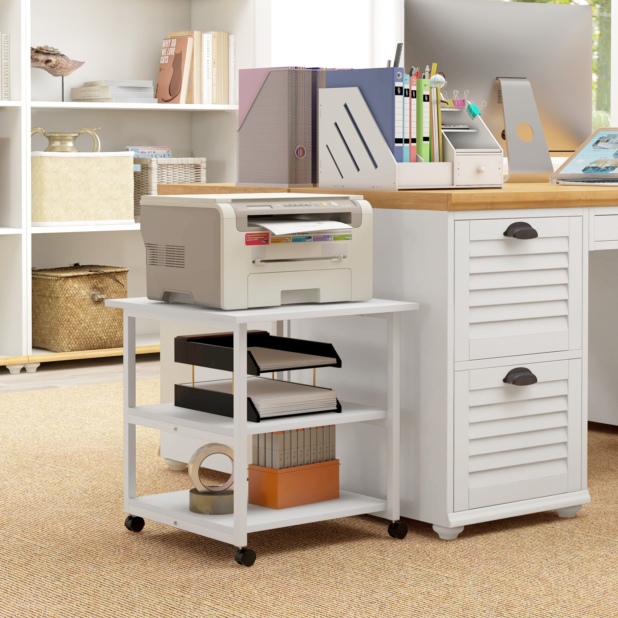 HOMCOM Three-Tier Steel Printer Stand, with Wheels - White - North Peak Garden Furniture
