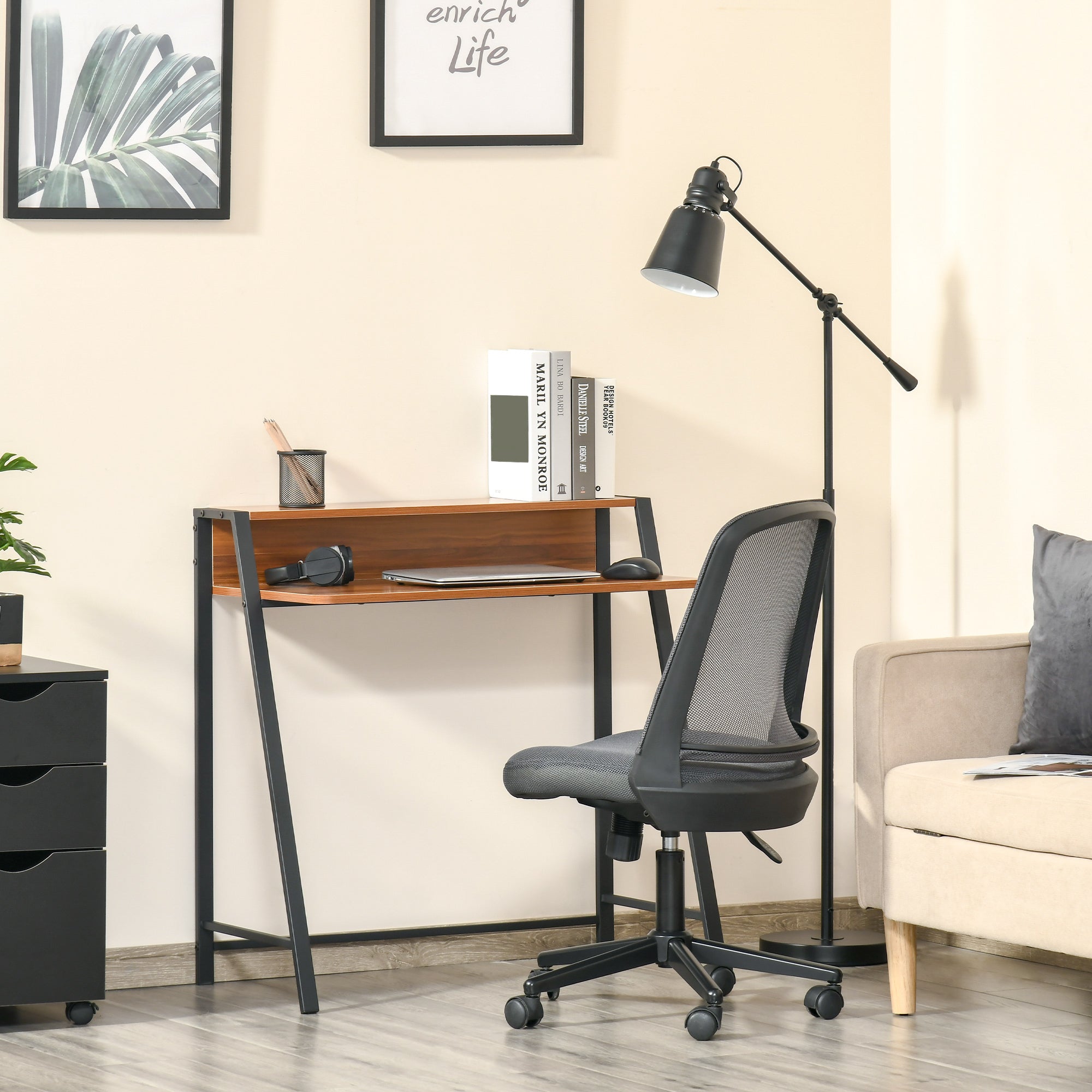 HOMCOM Writing Desk Computer Table Home Office PC Laptop Workstation Storage Shelf 84L x 45W cm Walnut - North Peak Garden Furniture