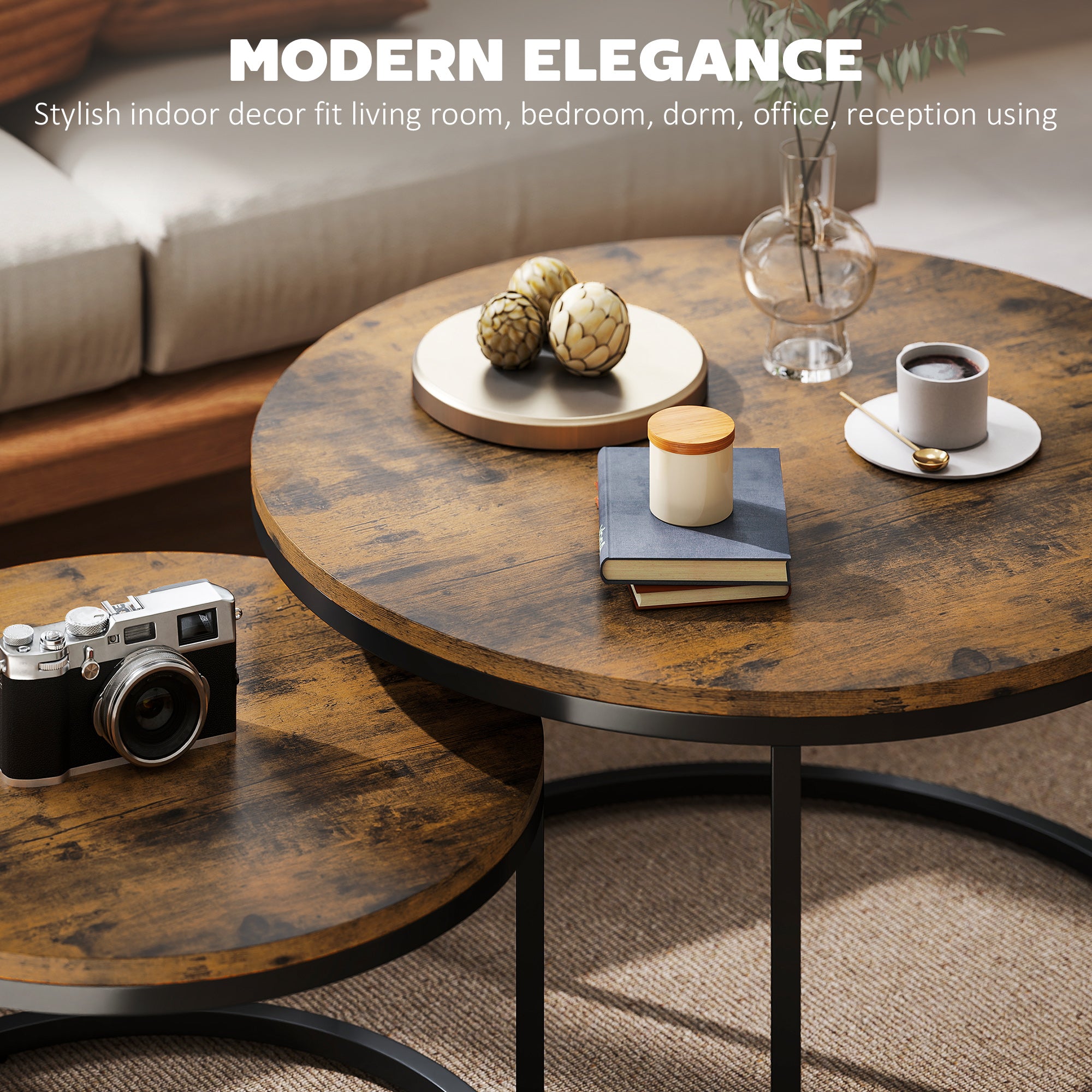 HOMCOM Set of Two Wood-Effect Stacking Tables - Rustic Brown