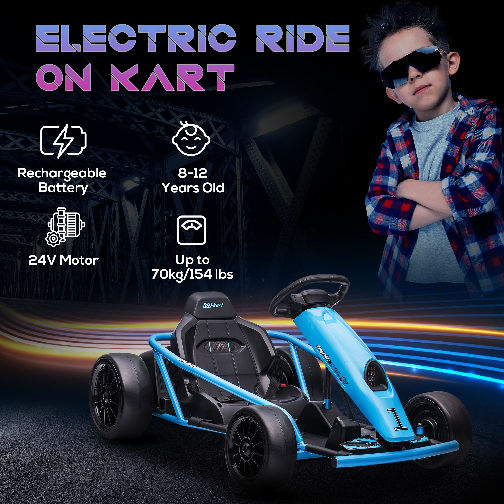 HOMCOM 24V Electric Go Kart for Kids, Drift Ride-On Racing Go Kart with 2 Speeds, for Boys Girls Aged 8-12 Years Old, Blue - North Peak Garden Furniture