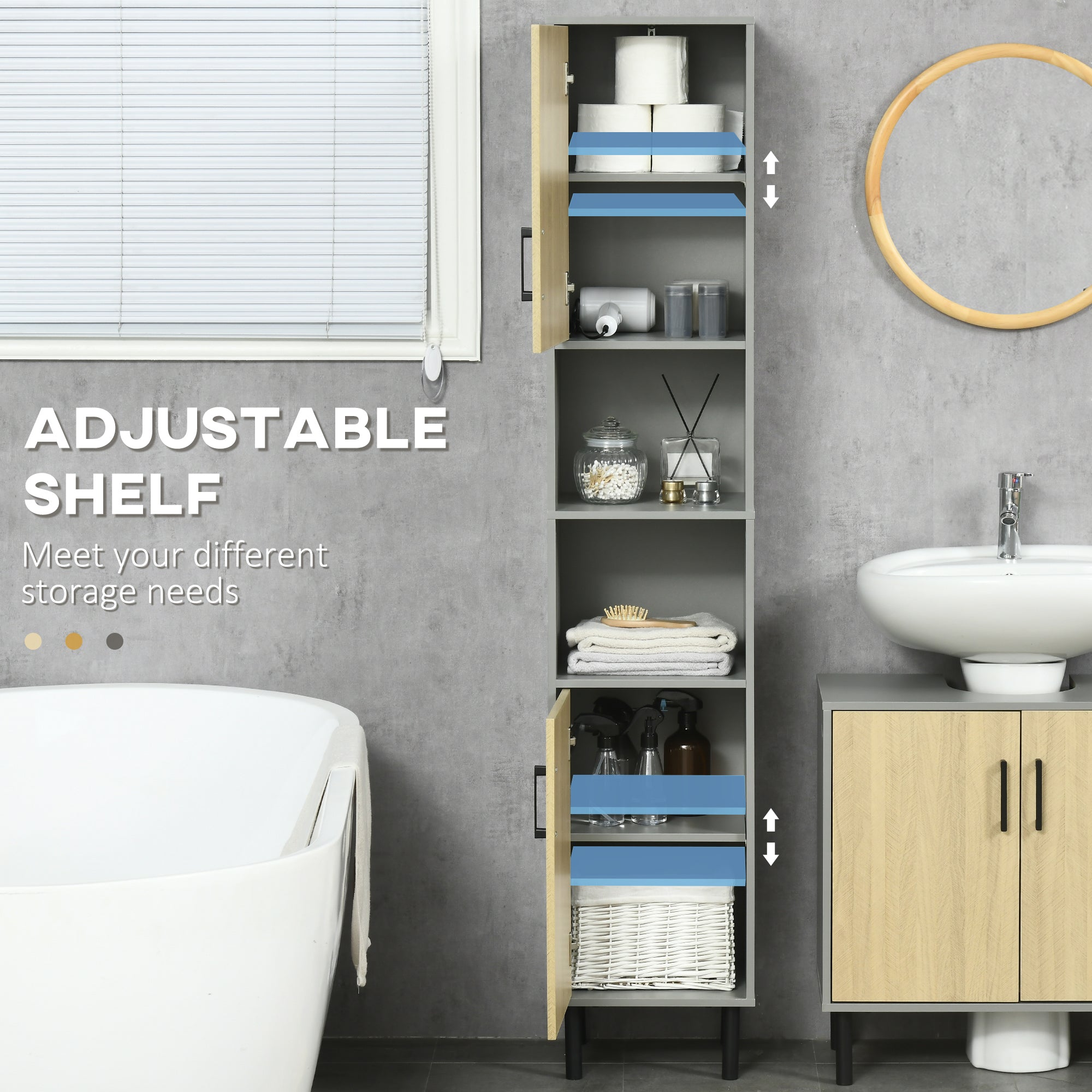 kleankin Freestanding Bathroom Storage, Tall Bathroom Cabinet with Door and Adjustable Shelves, 31.4x30x165cm - North Peak Garden Furniture