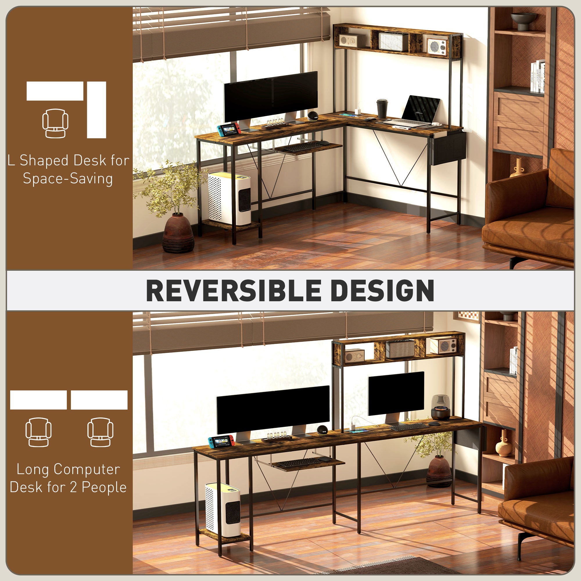 HOMCOM 160cm Reversible L Shaped Desk with Power Outlet, Industrial Corner Desk with Storage Shelves and Keyboard Tray, 240cm Long Computer Desk for 2 Person, Rustic Brown - North Peak Garden Furniture