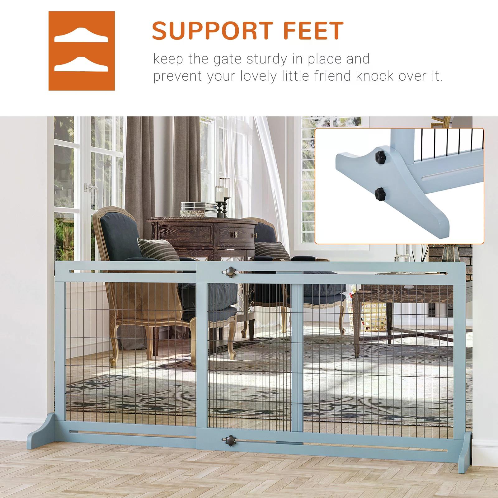 PawHut Freestanding Dog Gate, Foldable Pet Fence, Indoor Wood Barrier, Stair Gate with Support Feet, for Doorway, Hallway, Small and Medium Dogs, 69H x 104-183 cm, Blue-grey