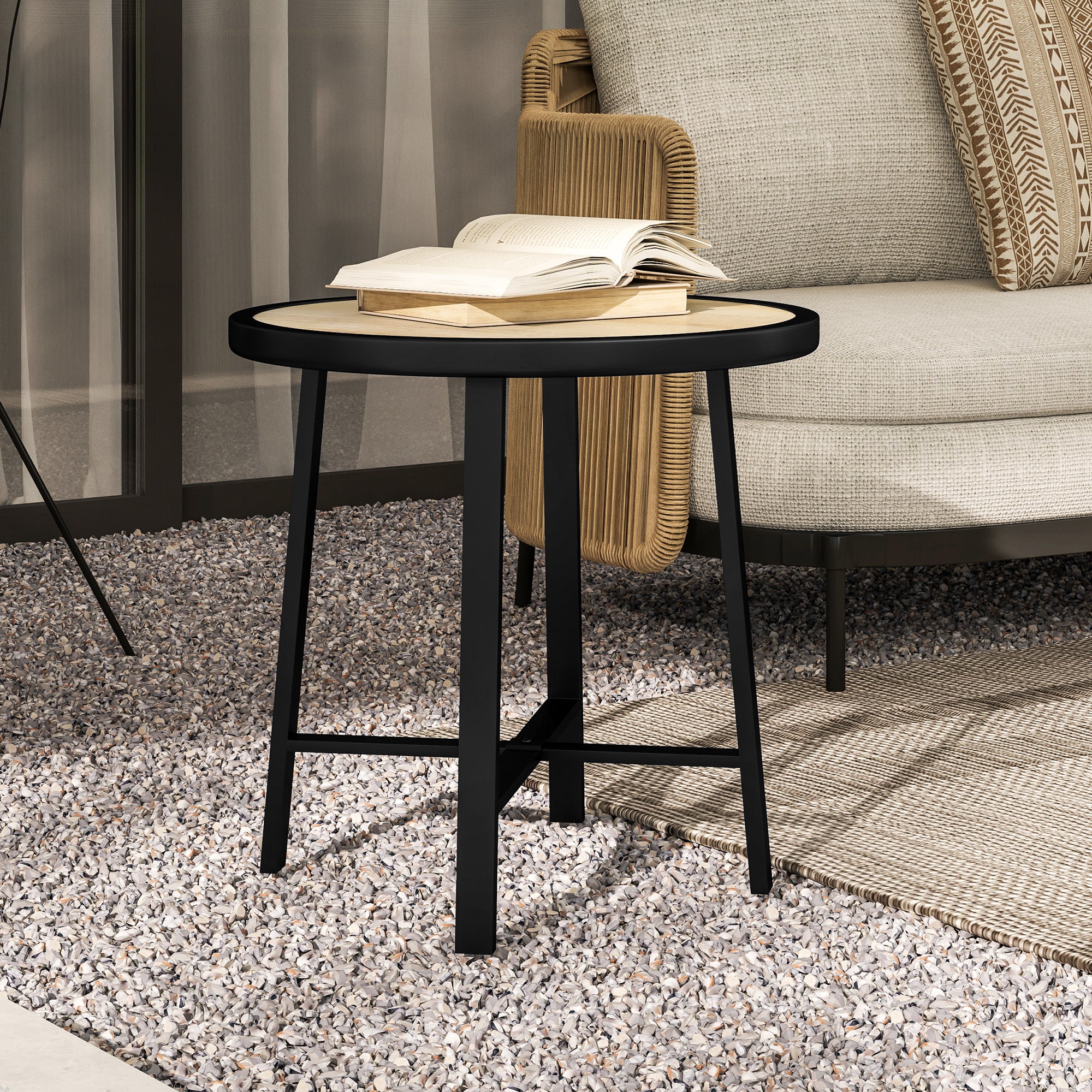 Outsunny Round Small Garden Table, 50.5cm Outdoor Side Table with SPC Tabletop, Metal Frame and Anti-slip Foot Pads for Garden, Balcony, Nature Wood Finish - North Peak Garden Furniture