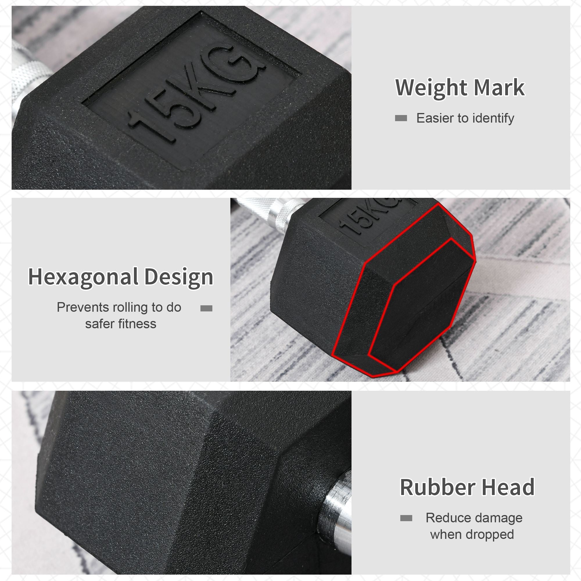 HOMCOM 2x15kg Rubber Hex Dumbbell Portable Hand Weights Dumbbell Home Gym Workout Fitness Hand Dumbbell - North Peak Garden Furniture