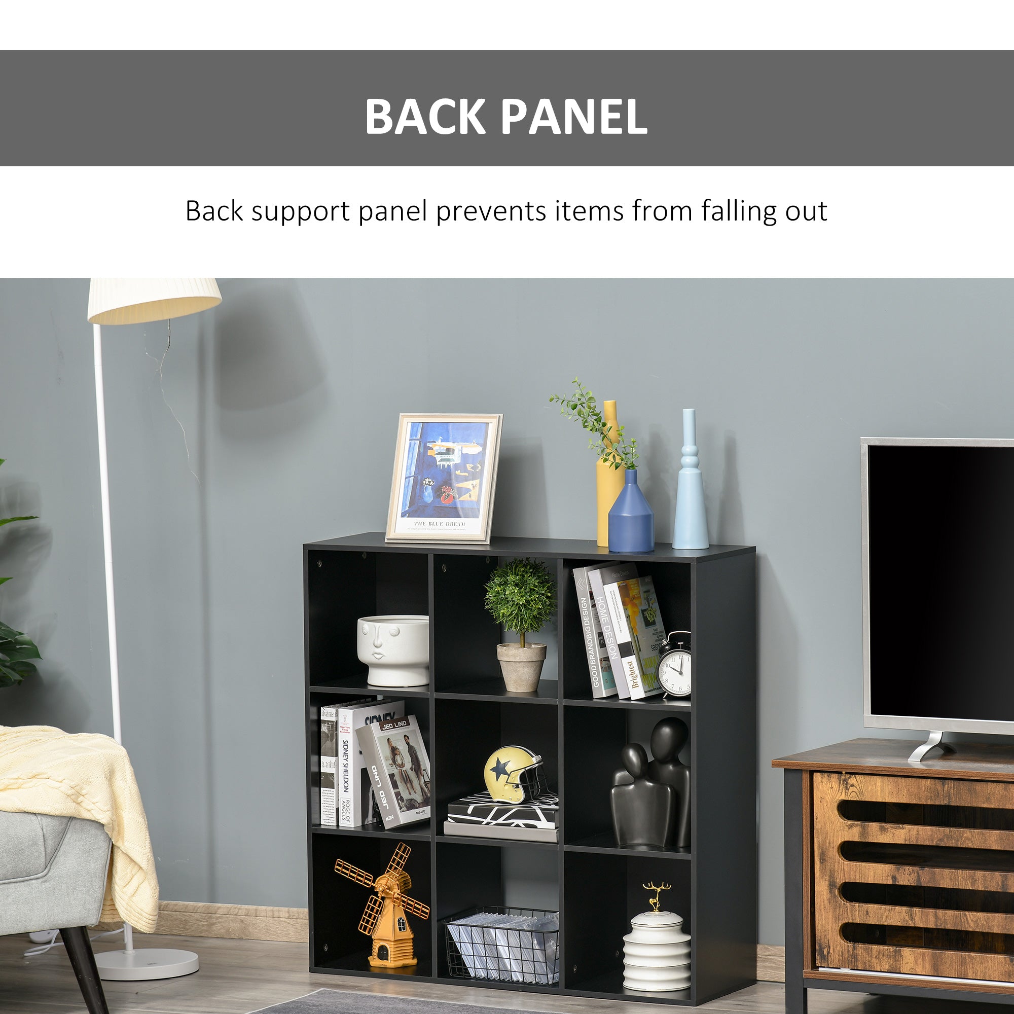 HOMCOM 3-tier 9 Cubes Storage Unit Particle Board Cabinet Bookcase Organiser Home Office Shelves Black - North Peak Garden Furniture