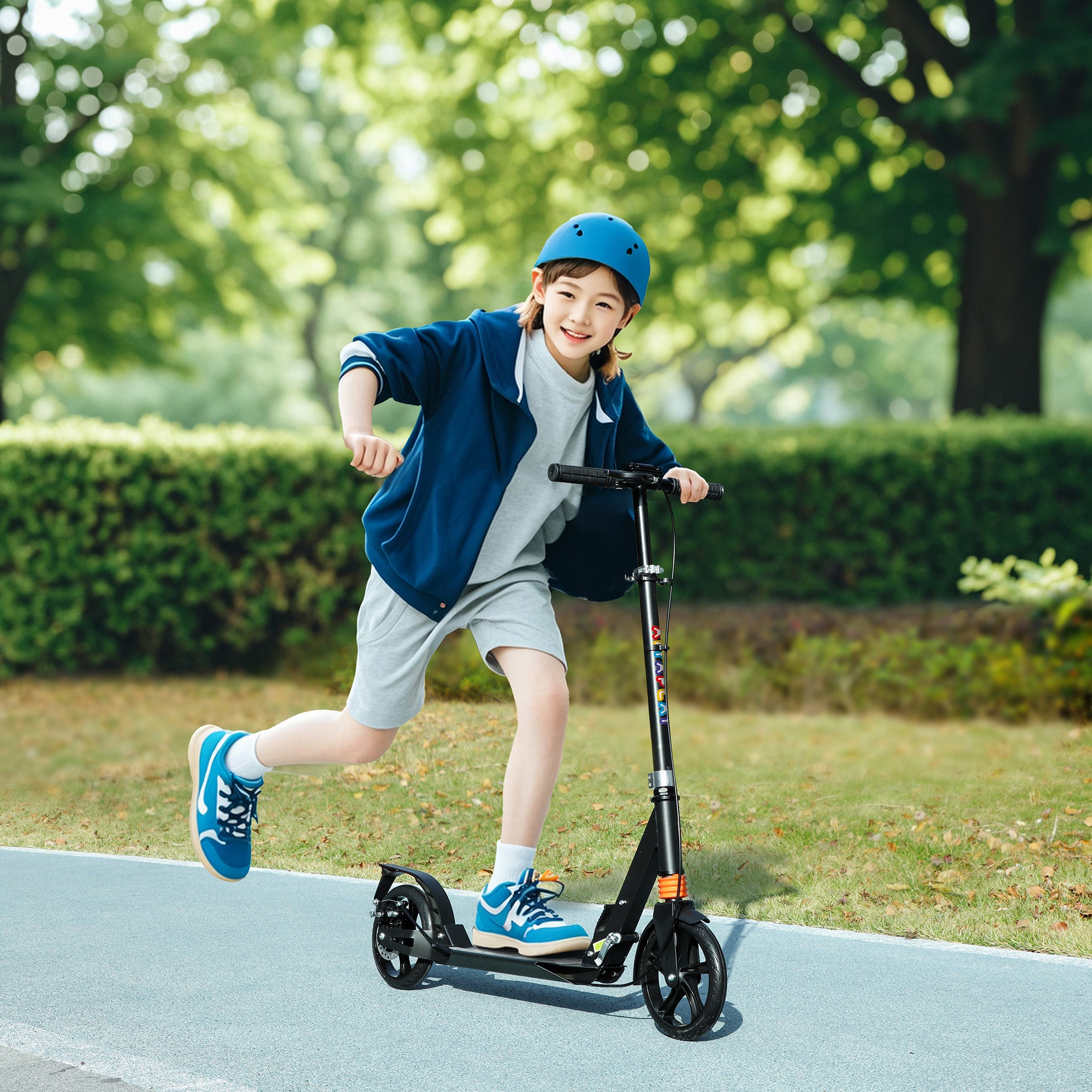 AIYAPLAY Kids Scooter with 4 Levels Adjustable Handlebar, Dual Brake System, 200mm Wheels, ABEC-7 Bearings, Black - North Peak Garden Furniture